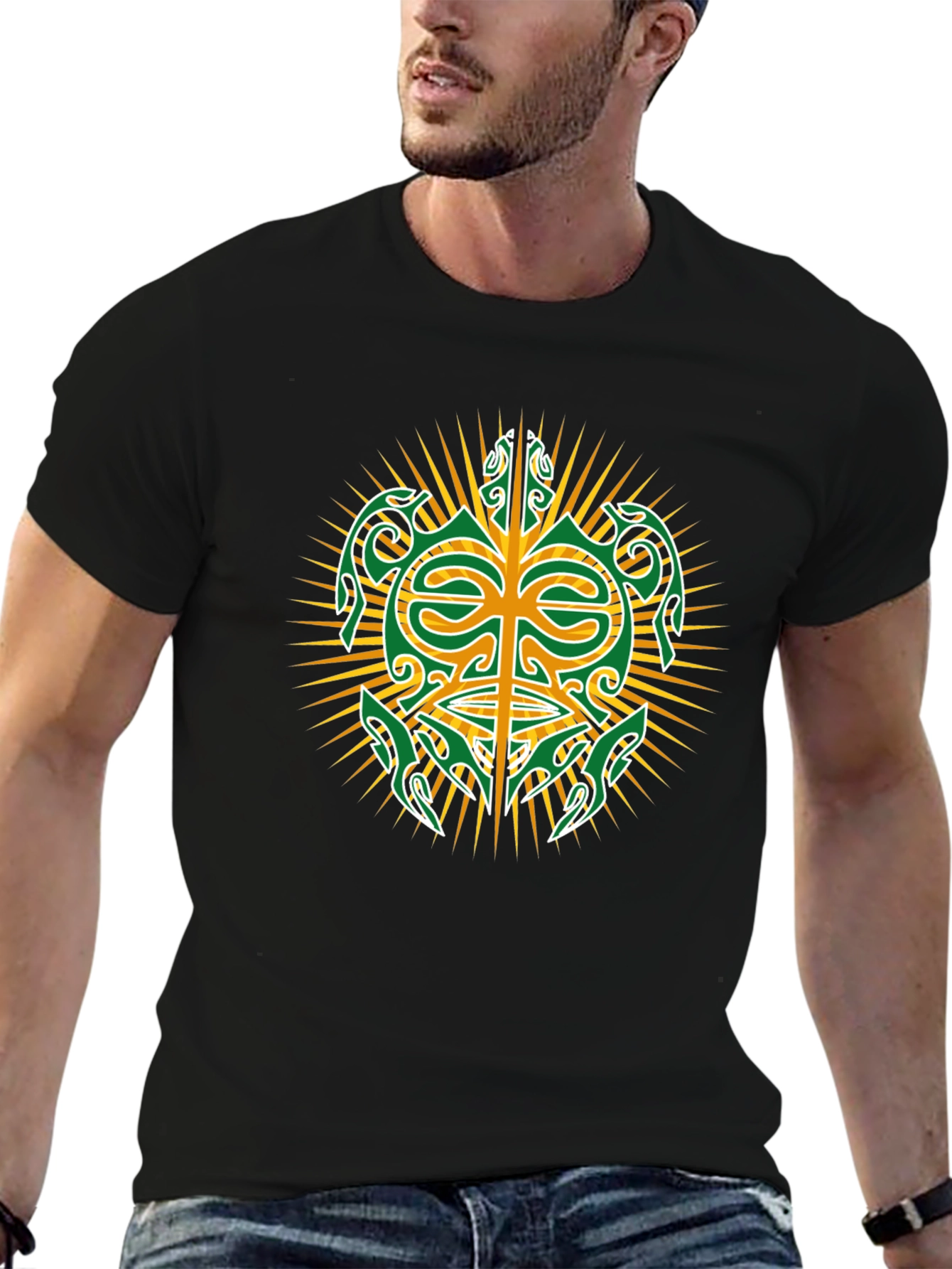 Tribal Turtle Design Black T-Shirt
