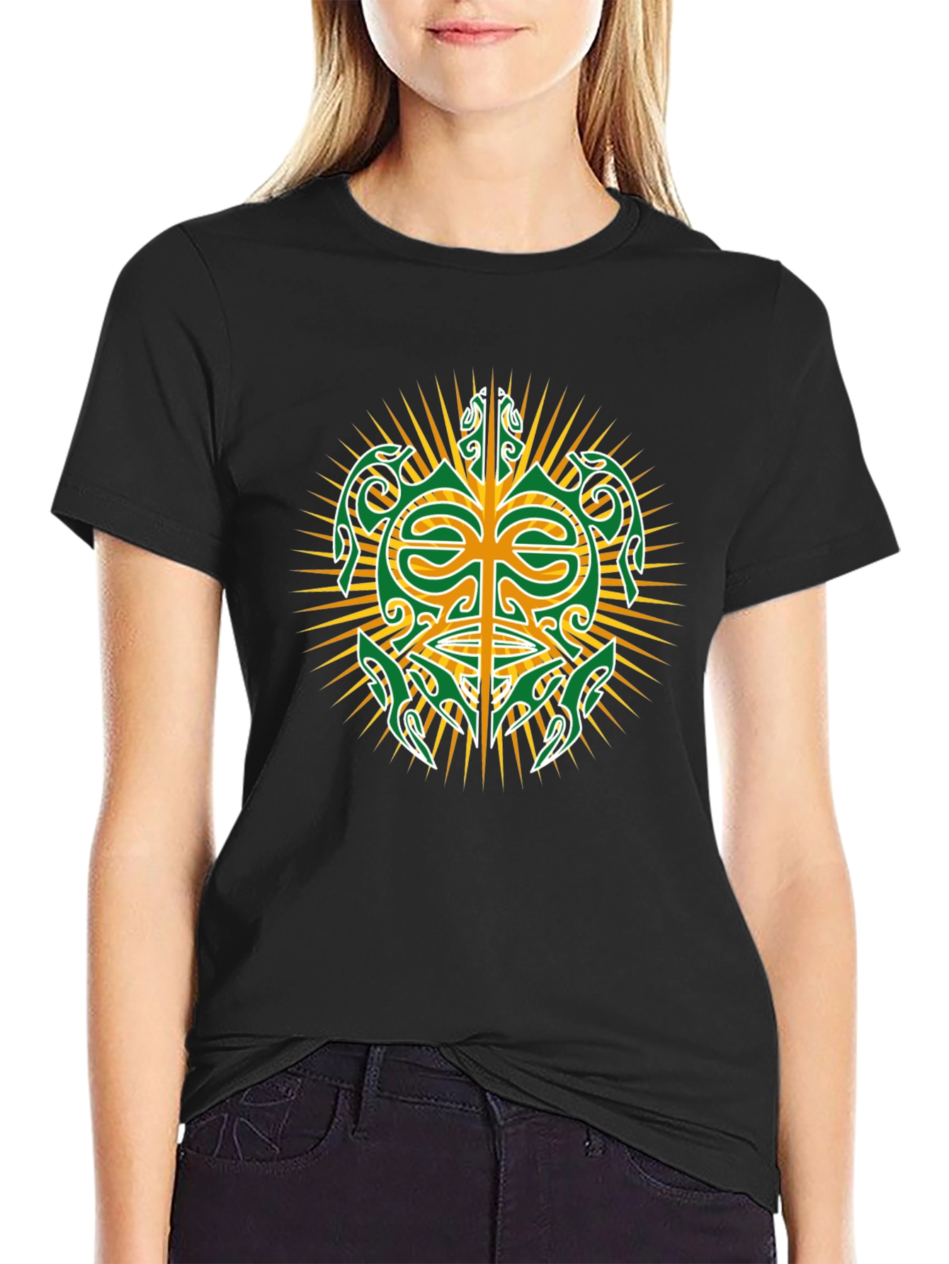 Tribal Turtle Design Black T-Shirt
