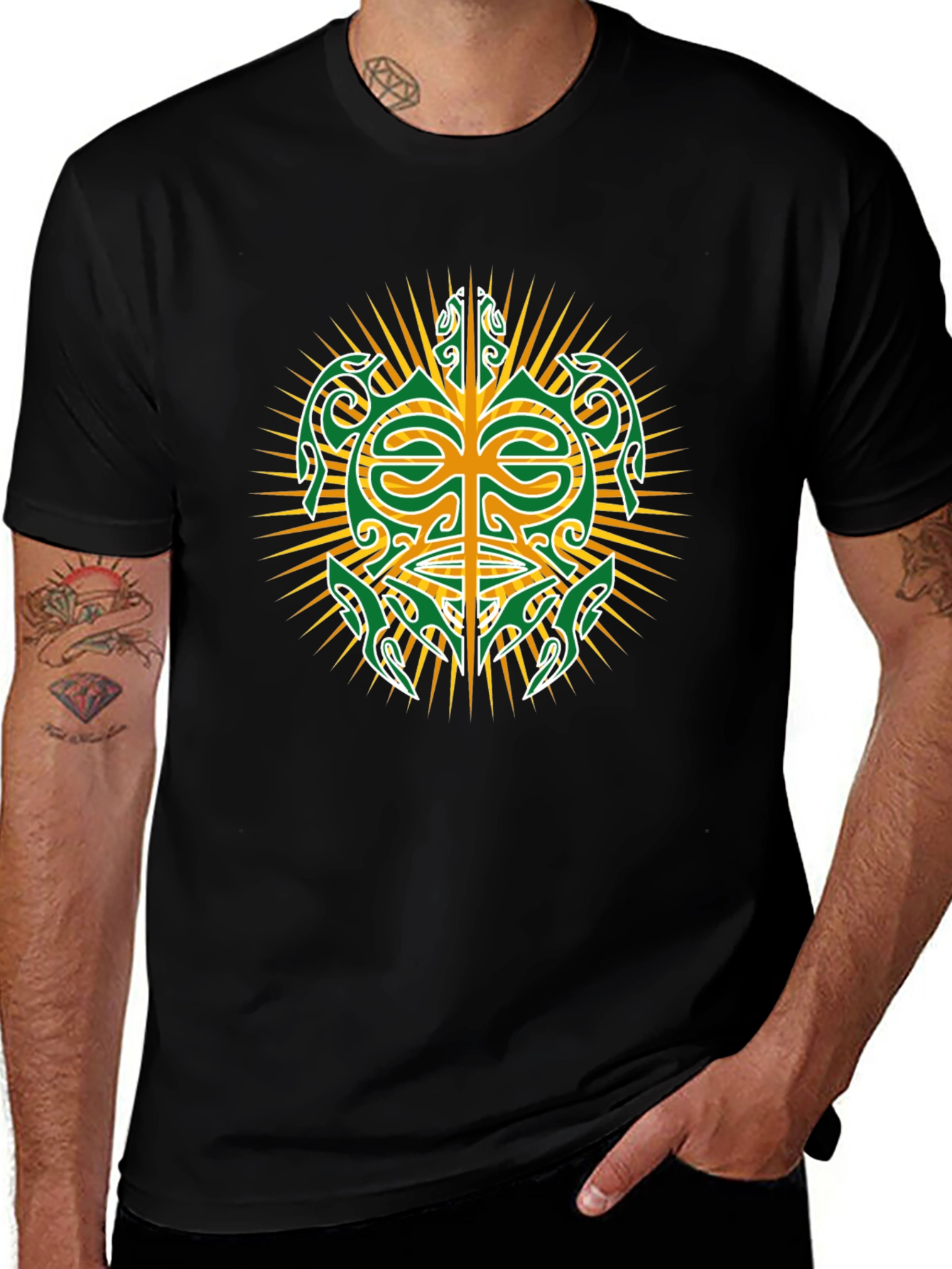 Tribal Turtle Design Black T-Shirt