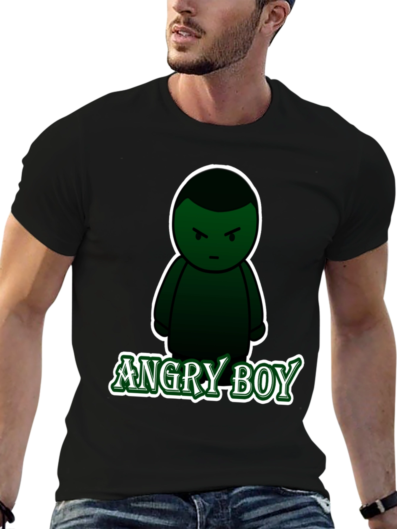 Angry Boy Graphic Tee - Black Cotton Blend T-Shirt