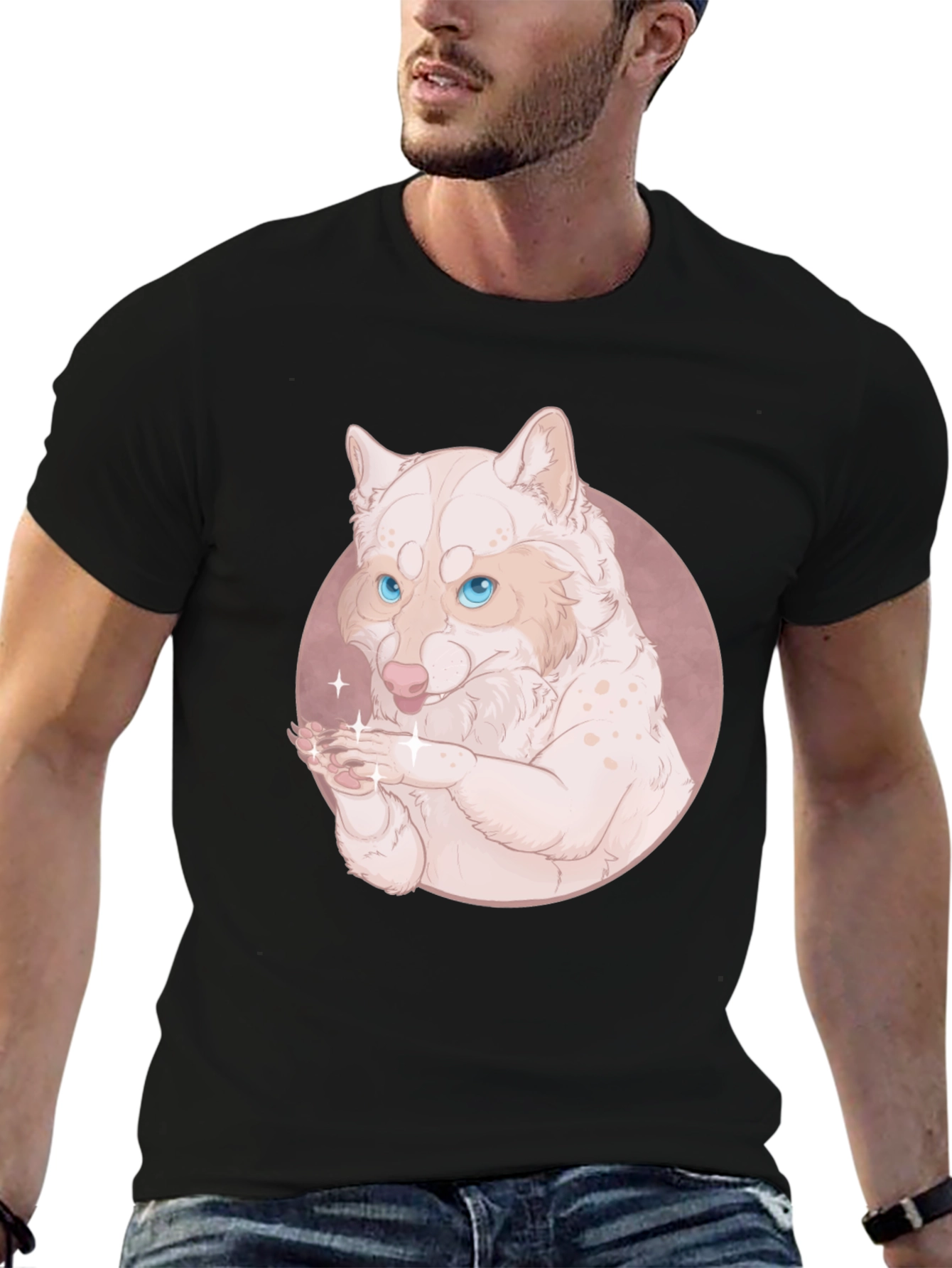 Cute Wolf Design Black T-Shirt