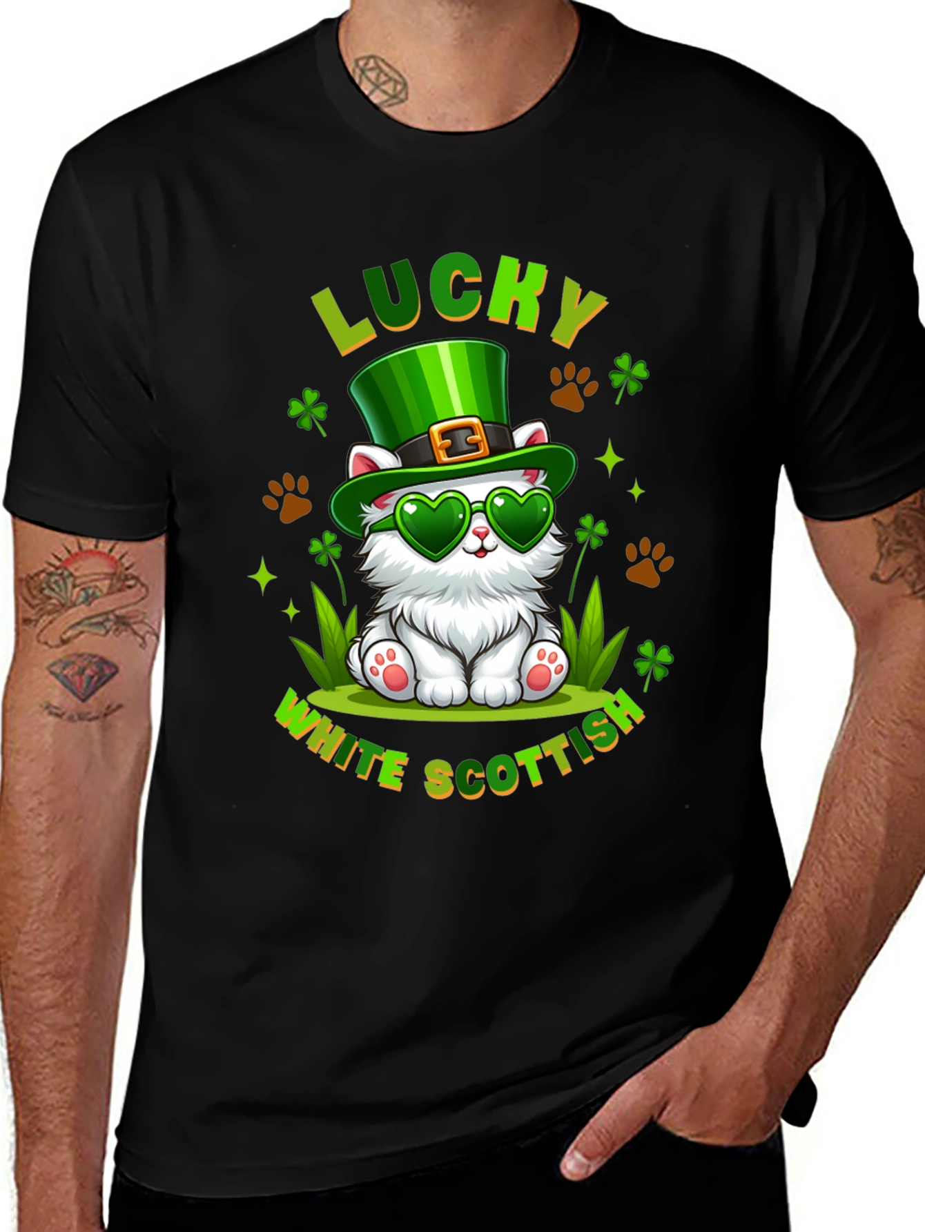 Lucky White Scottish Cat St. Patricks Day T-Shirt