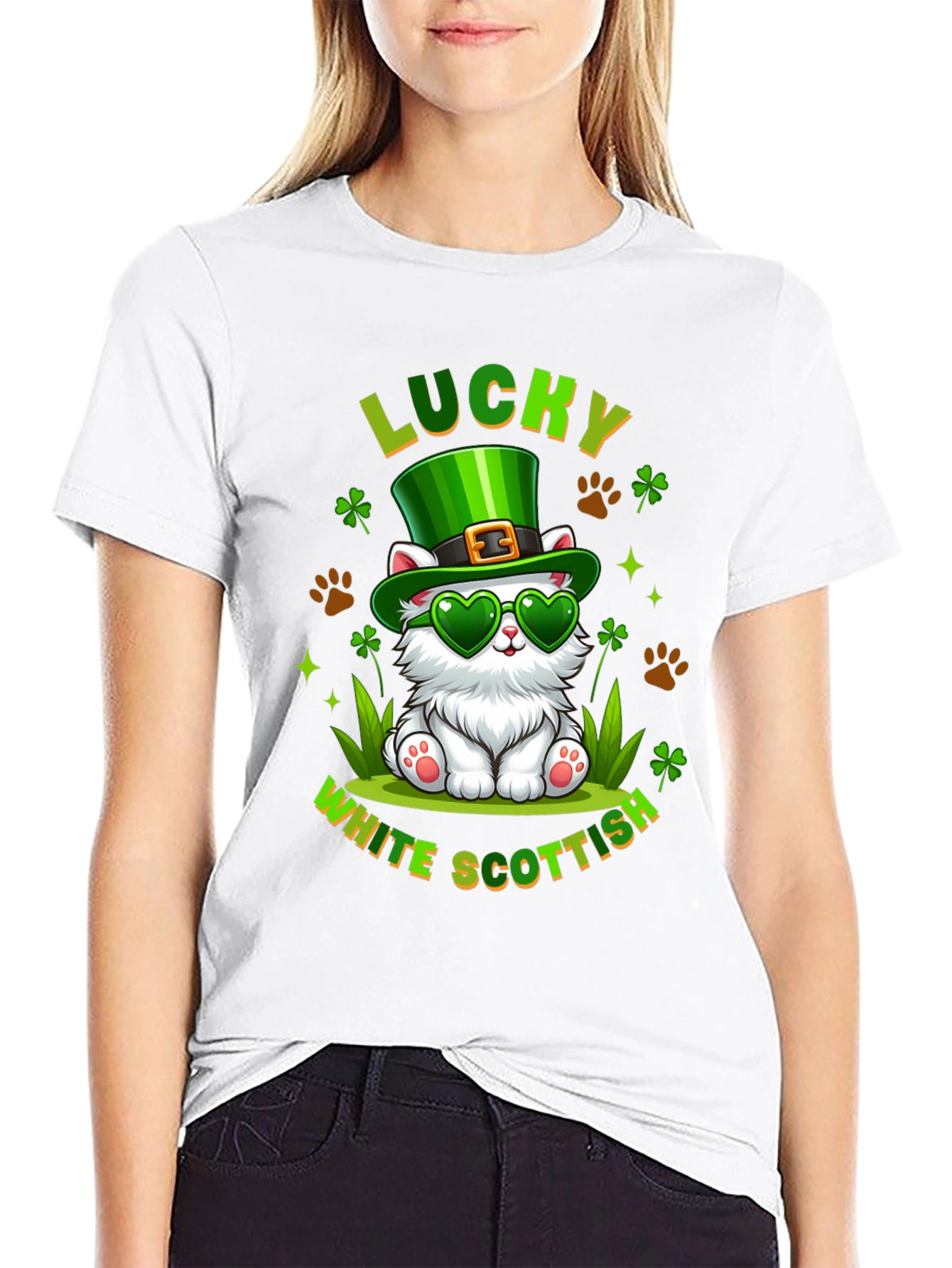 Lucky White Scottish Cat St. Patricks Day T-Shirt