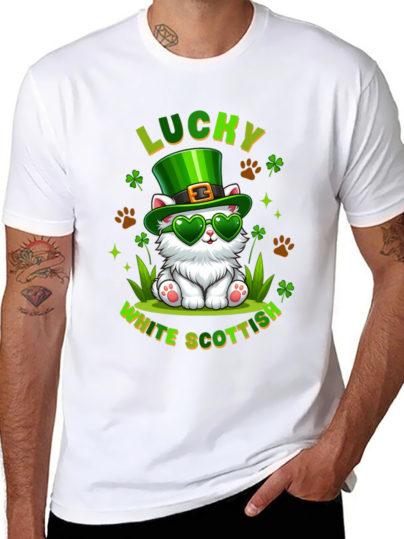 Lucky White Scottish Cat St. Patricks Day T-Shirt