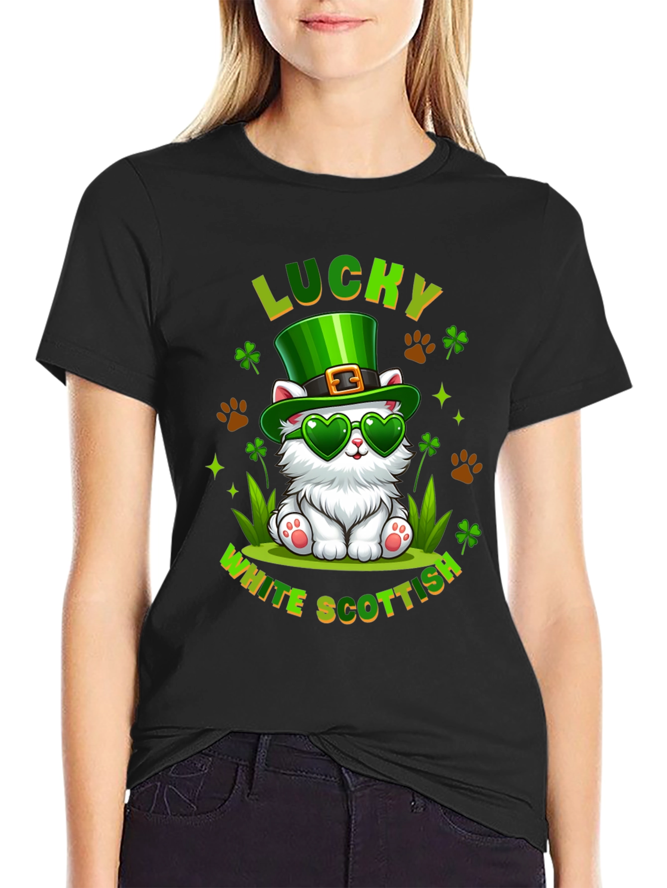 Lucky White Scottish Cat St. Patricks Day T-Shirt