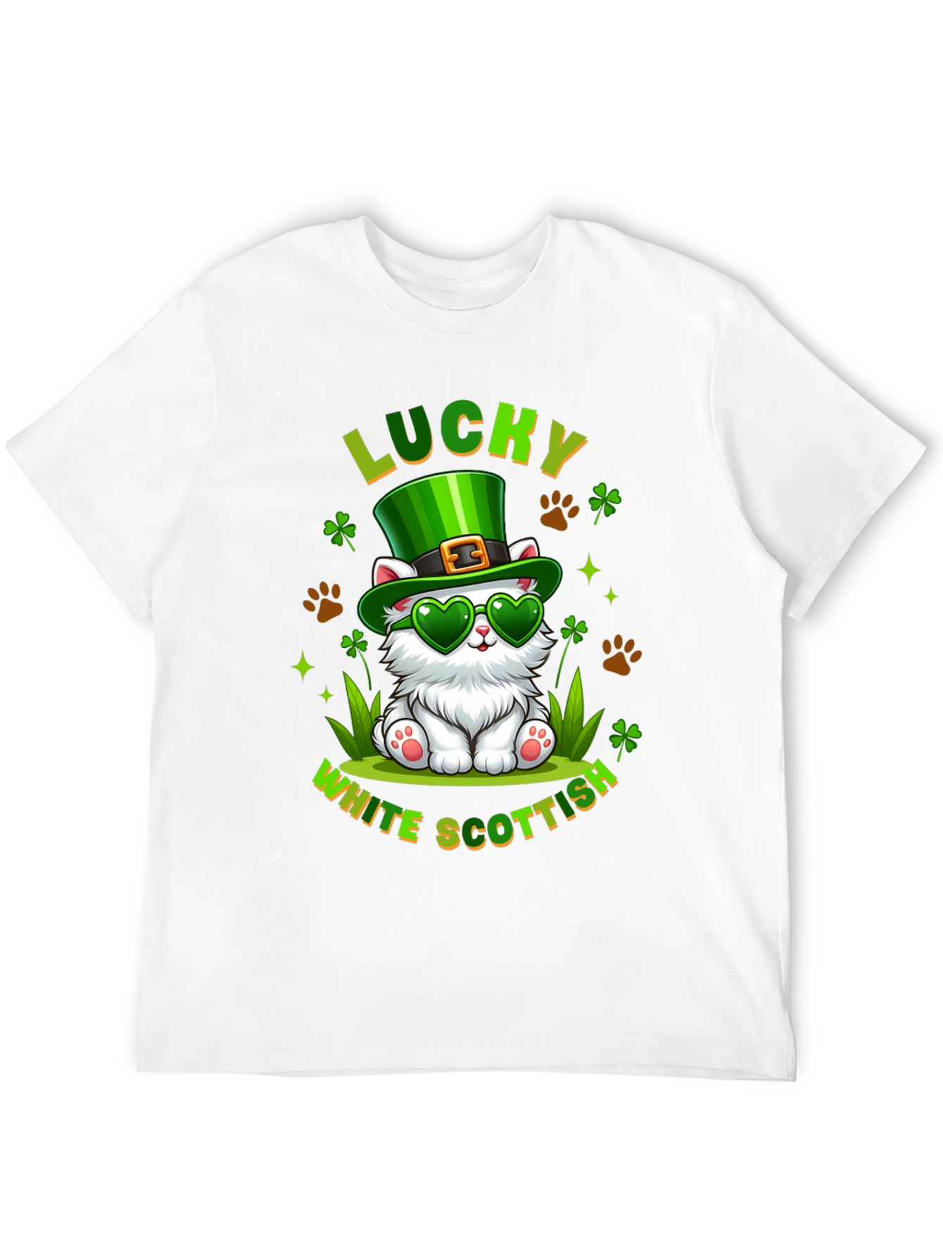 Lucky White Scottish Cat St. Patricks Day T-Shirt