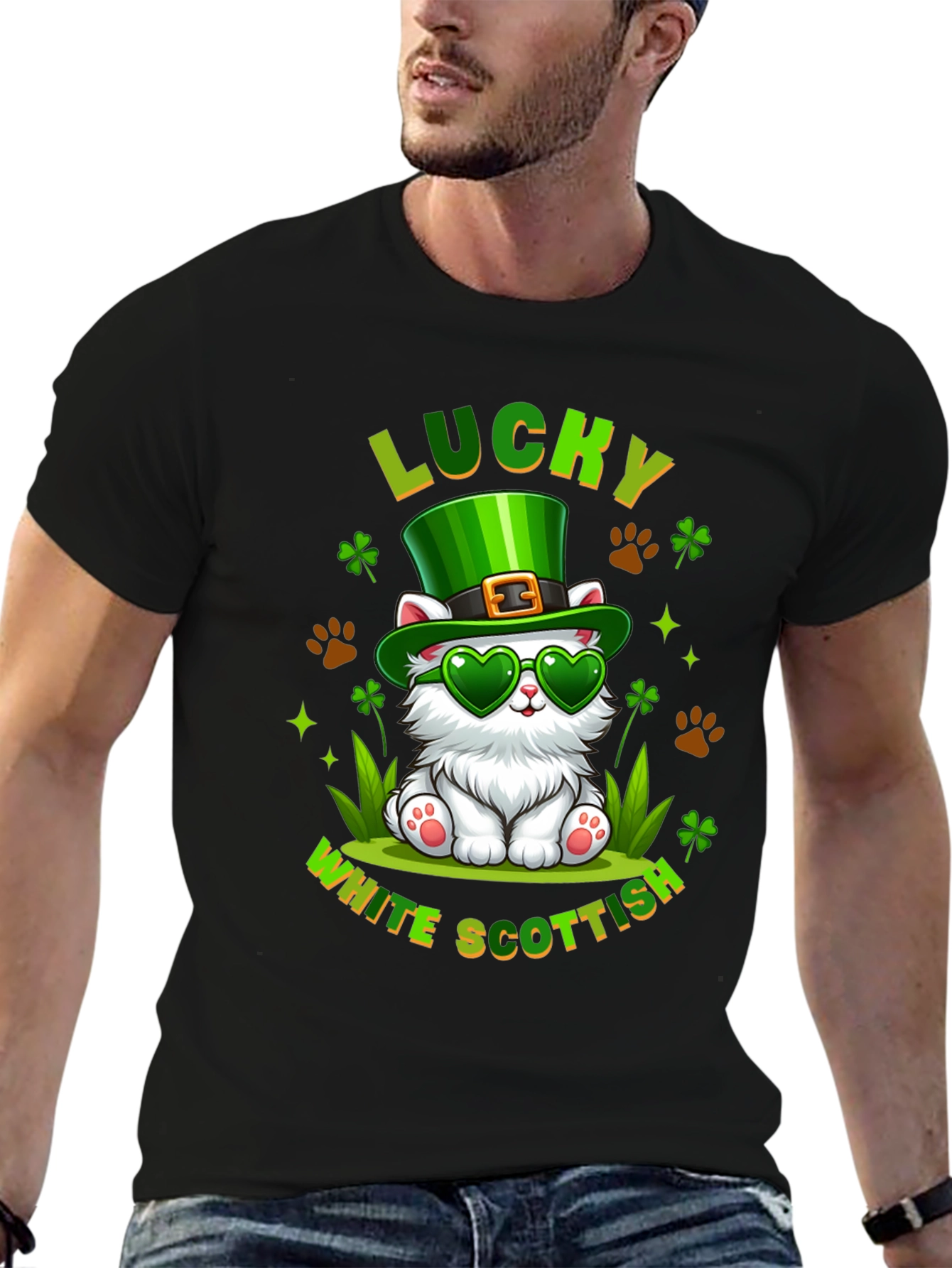 Lucky White Scottish Cat St. Patricks Day T-Shirt