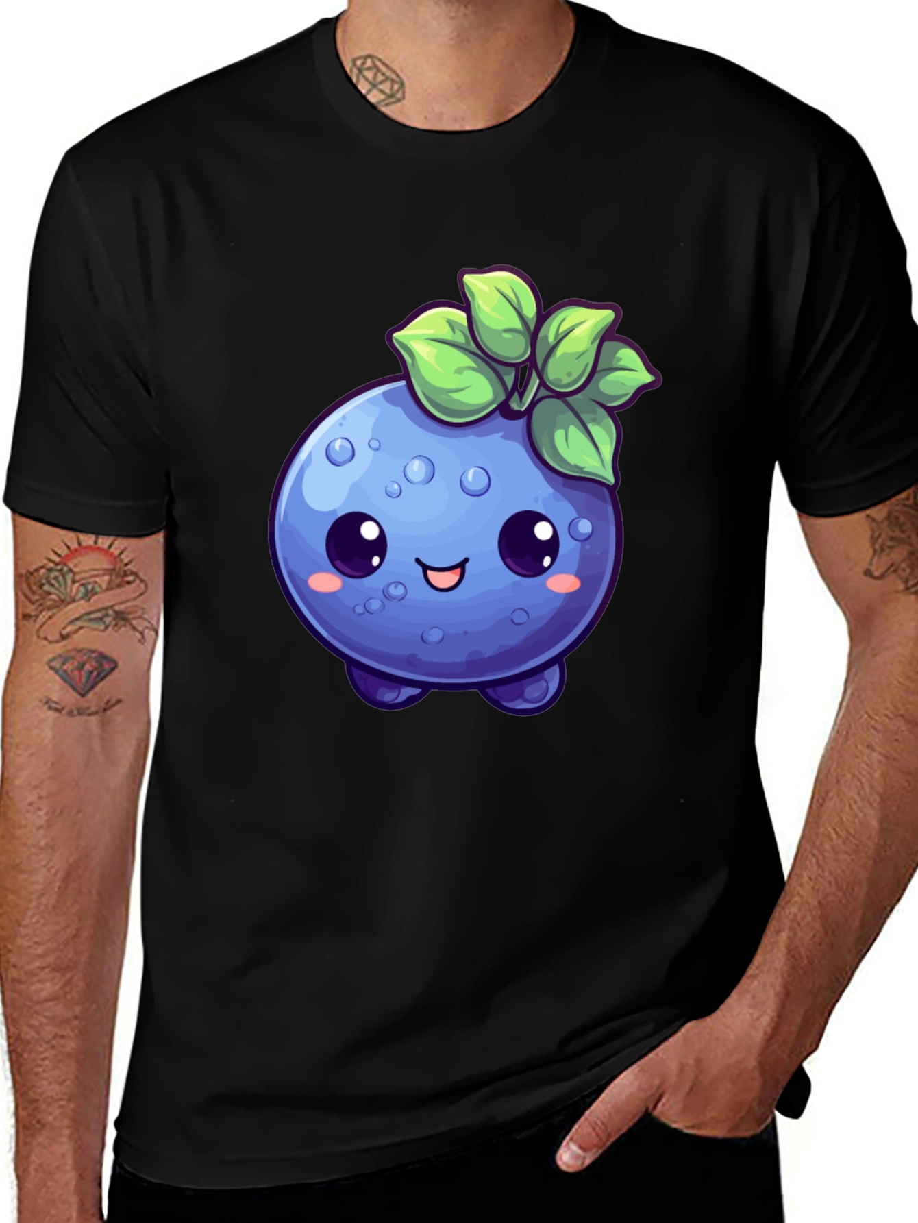 Cute Blueberry Cartoon Black T-Shirt