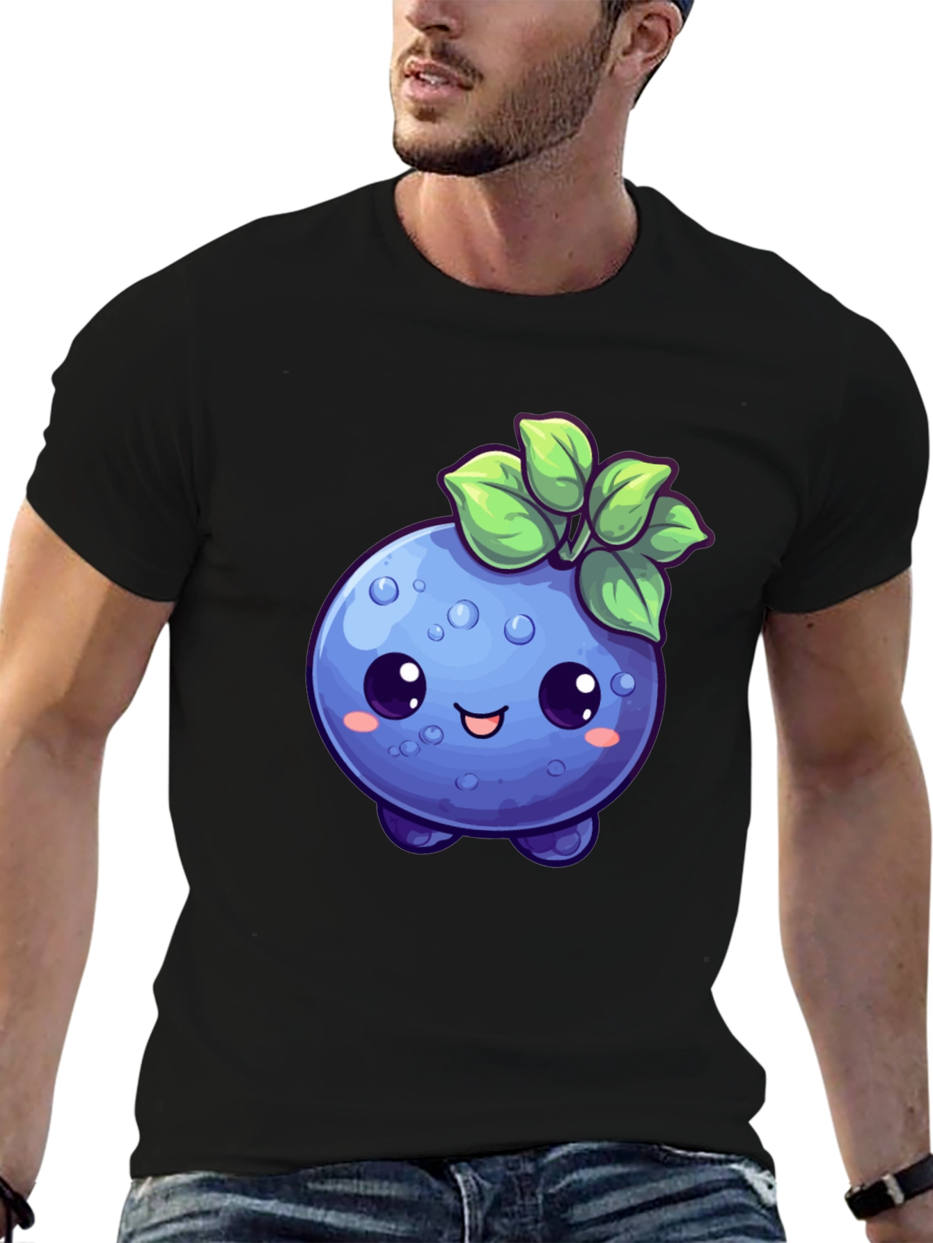 Cute Blueberry Cartoon Black T-Shirt