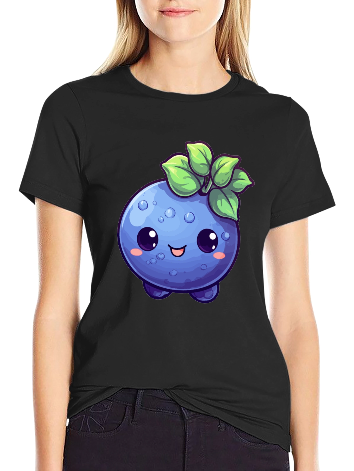 Cute Blueberry Cartoon Black T-Shirt