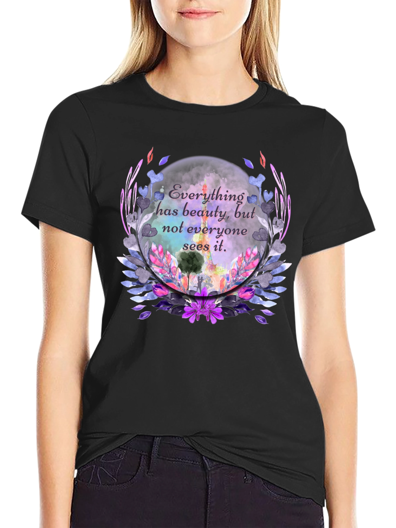 Beauty Quote Floral Graphic Black T-Shirt