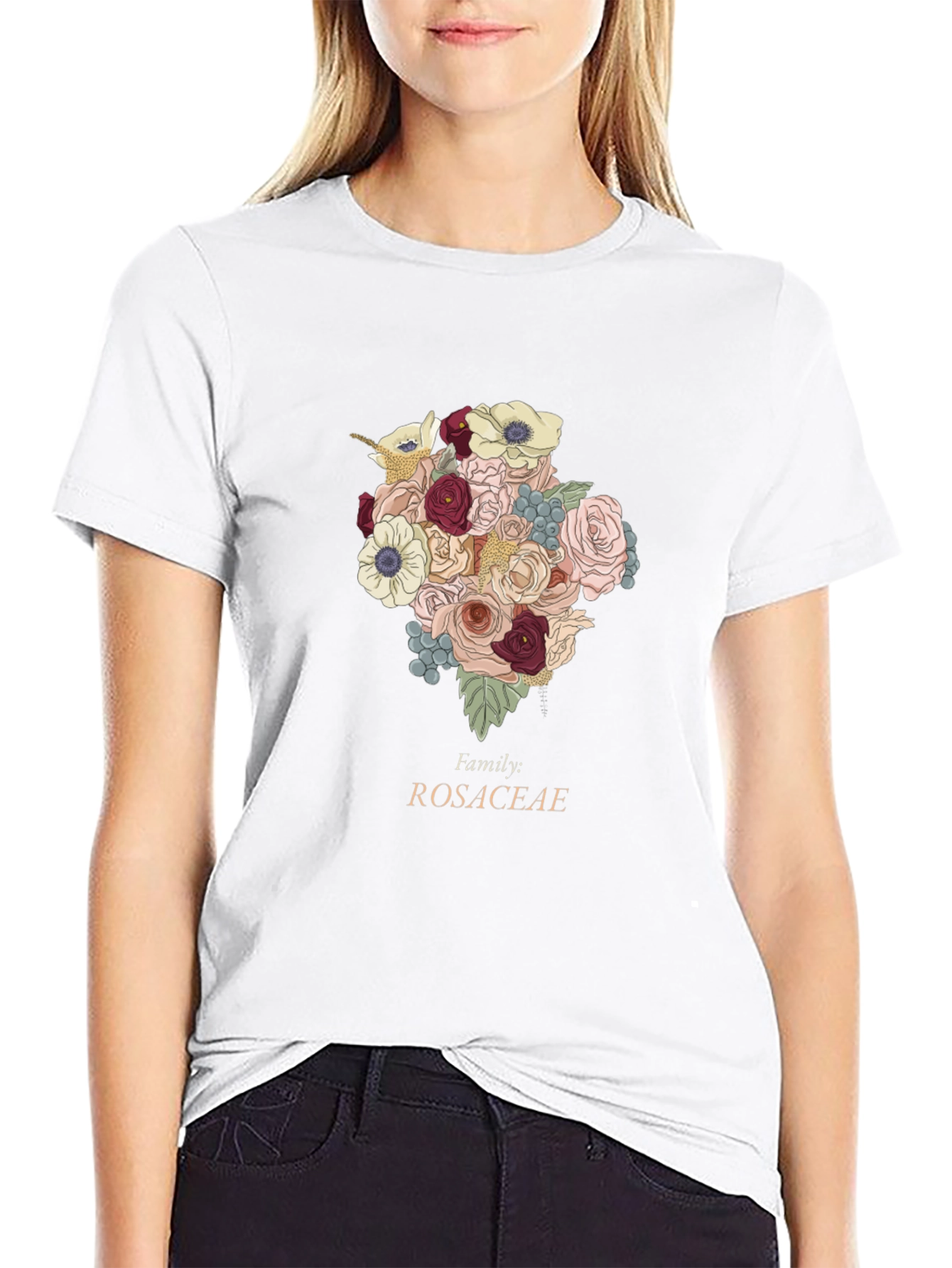 Rosaceae Family Floral T-Shirt - Botanical Design