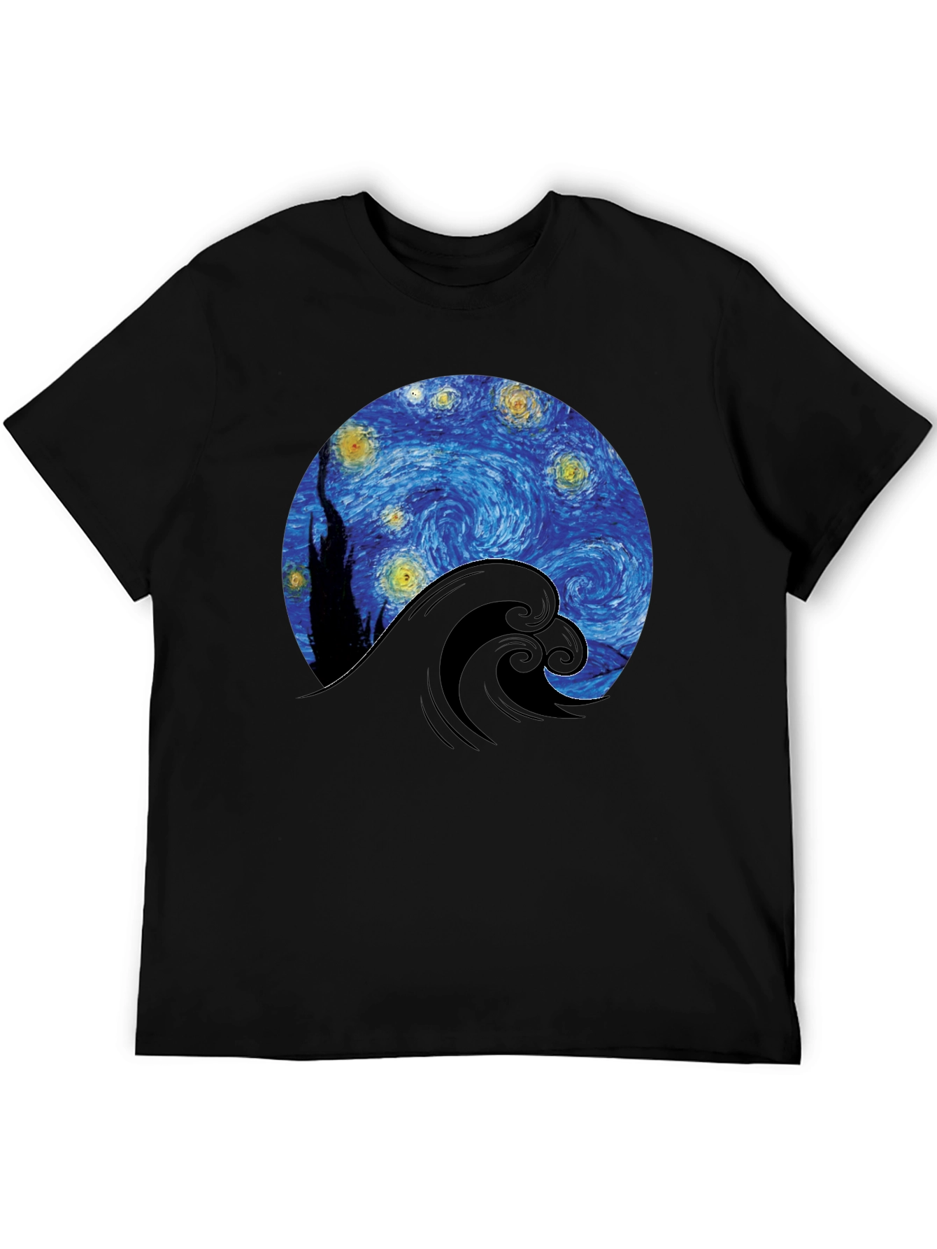 Starry Night Wave Graphic Tee - Artistic Black T-Shirt