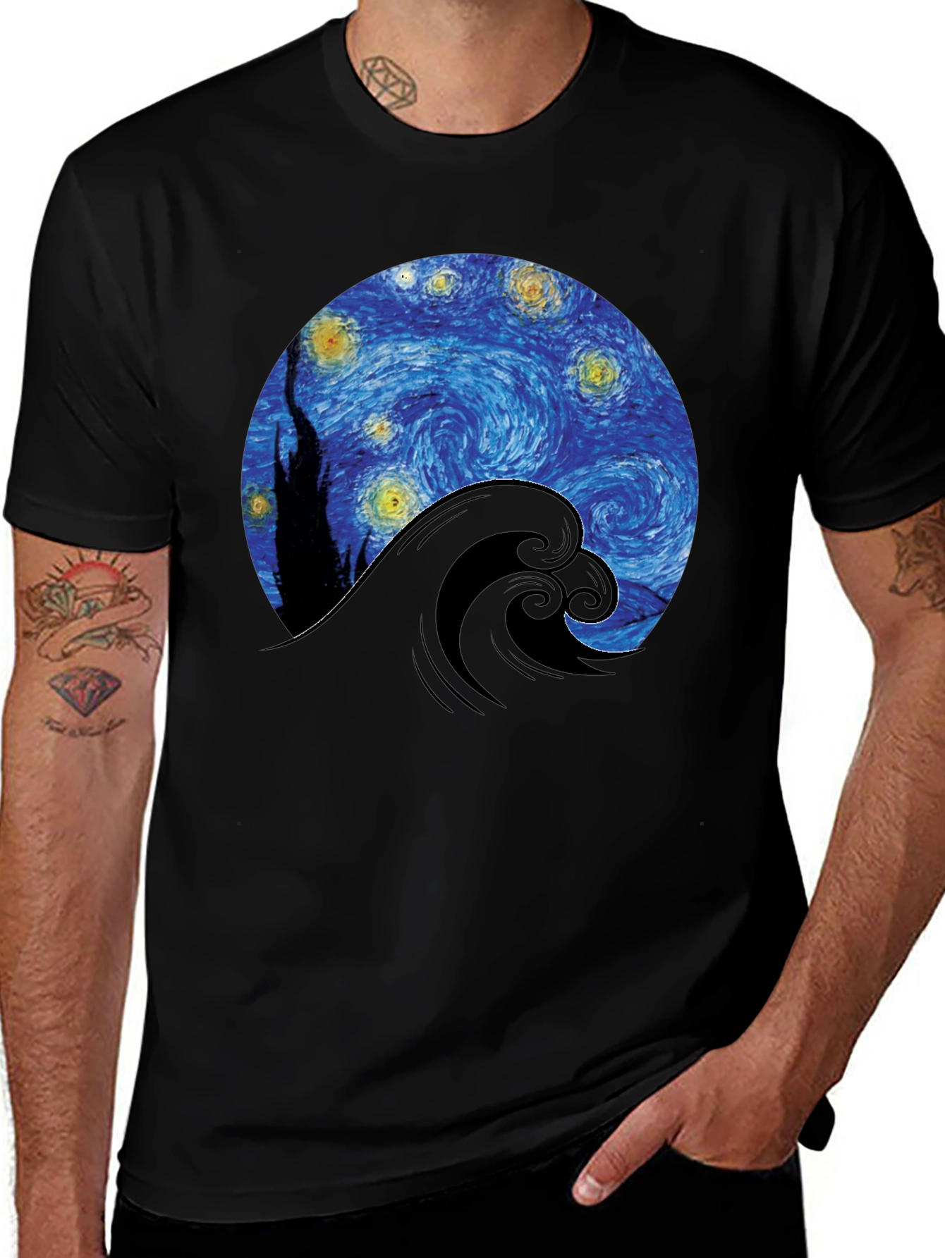 Starry Night Wave Graphic Tee - Artistic Black T-Shirt