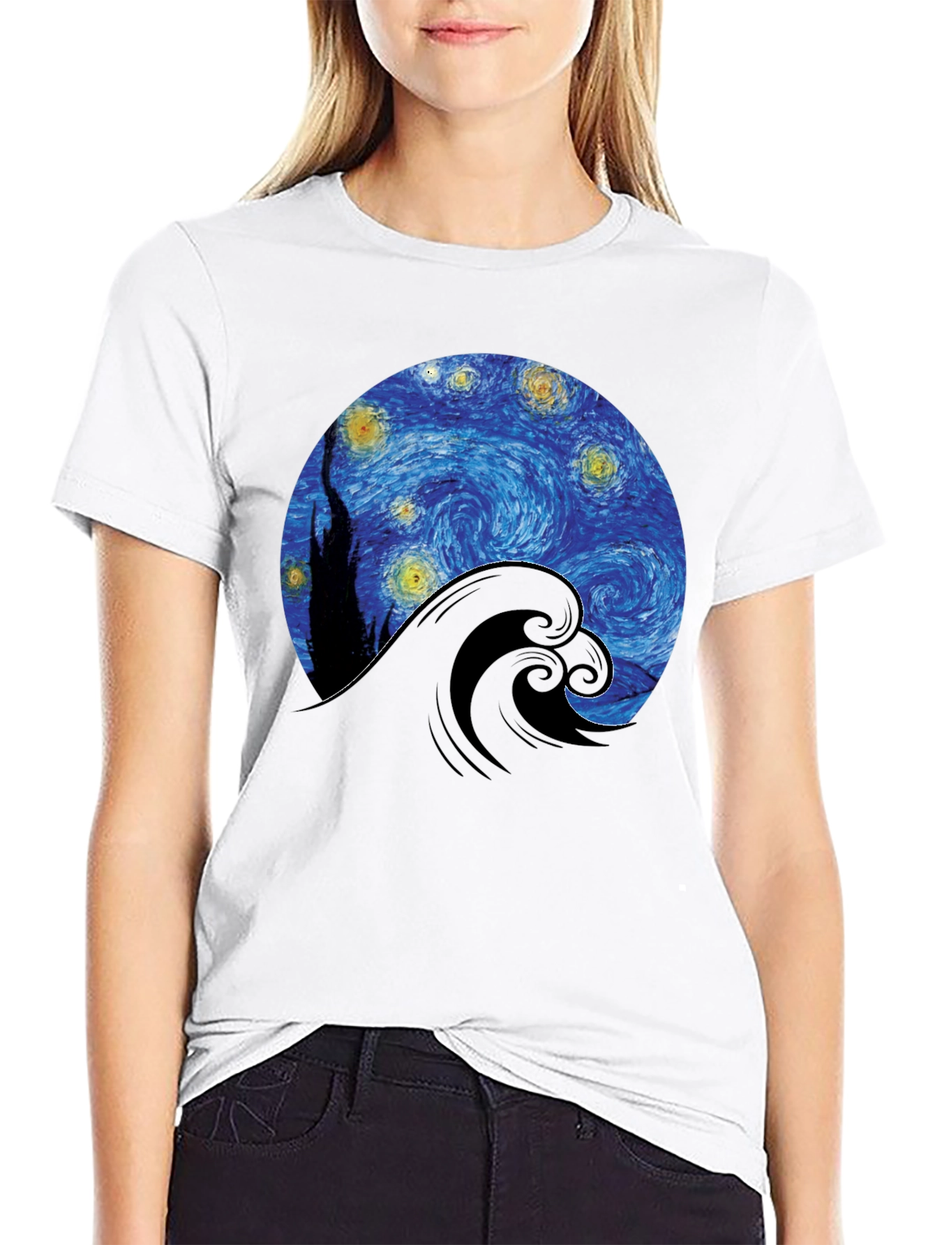 Starry Night Wave Graphic Tee - Artistic Black T-Shirt