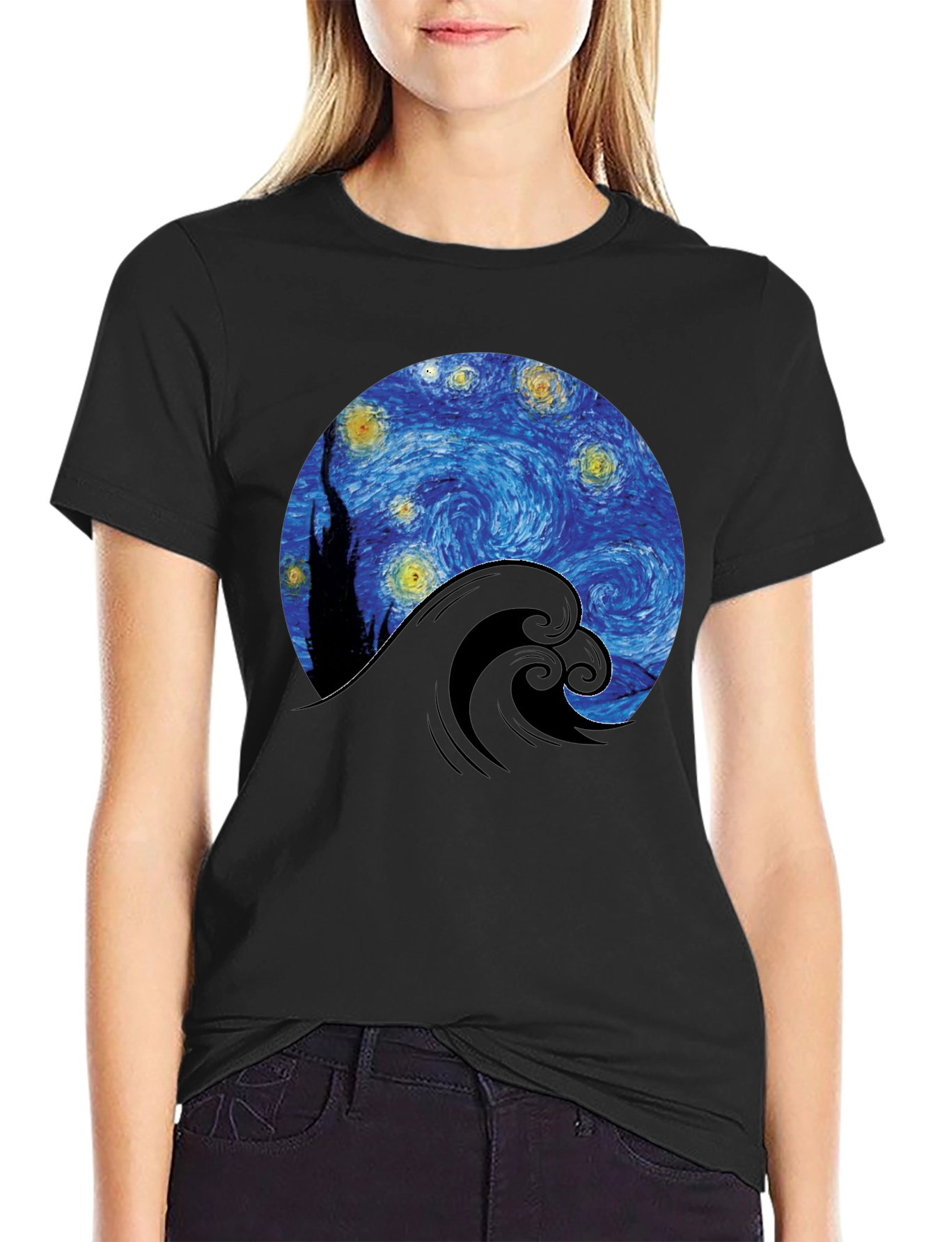 Starry Night Wave Graphic Tee - Artistic Black T-Shirt