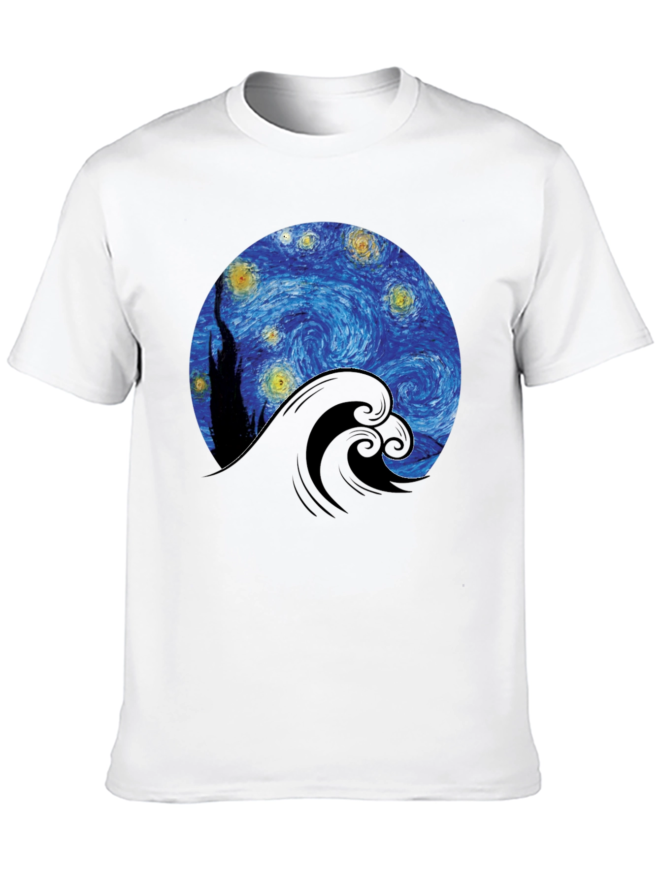 Starry Night Wave Graphic Tee - Artistic Black T-Shirt
