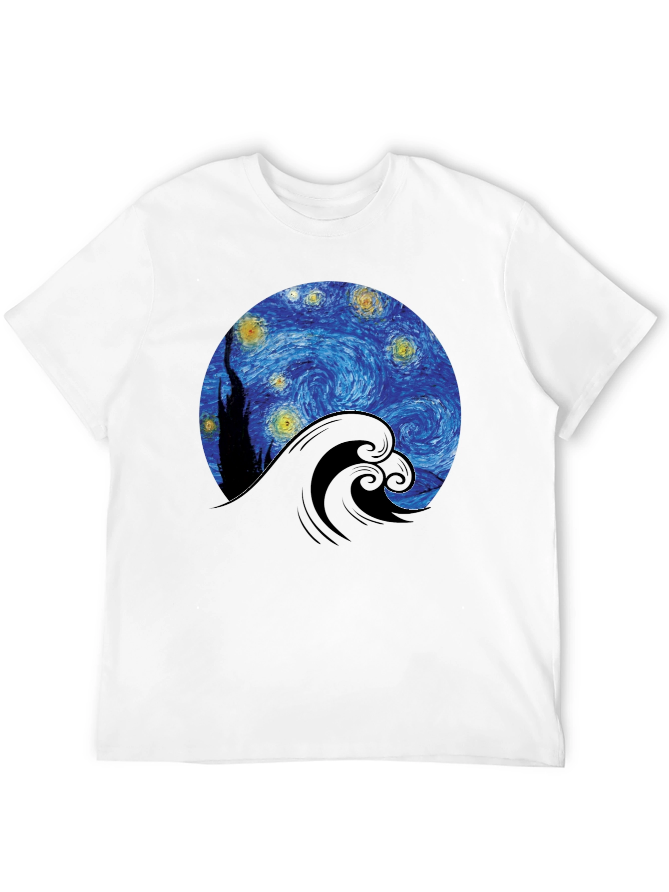 Starry Night Wave Graphic Tee - Artistic Black T-Shirt
