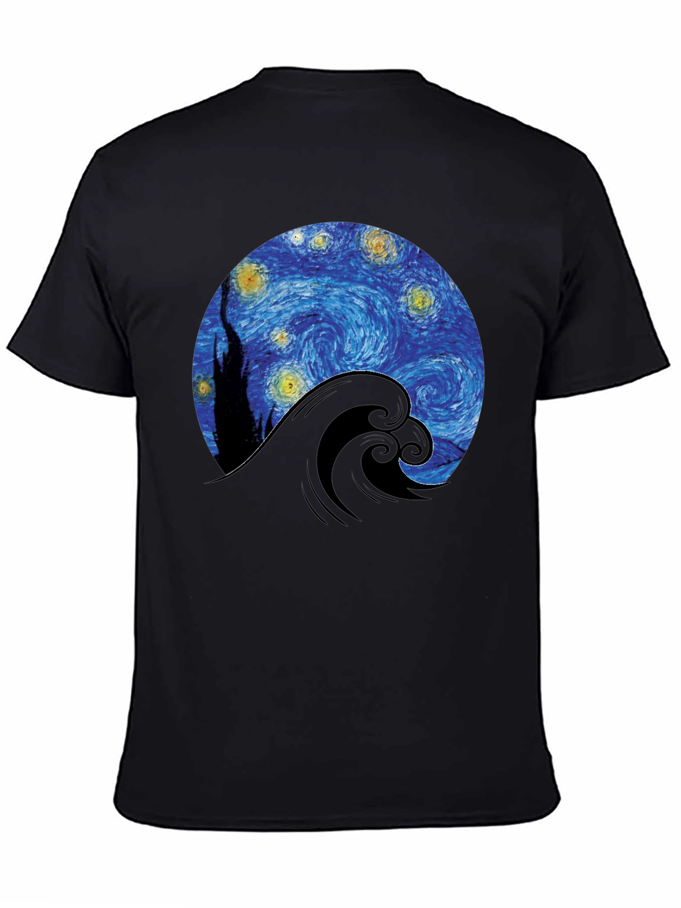 Starry Night Wave Graphic Tee - Artistic Black T-Shirt