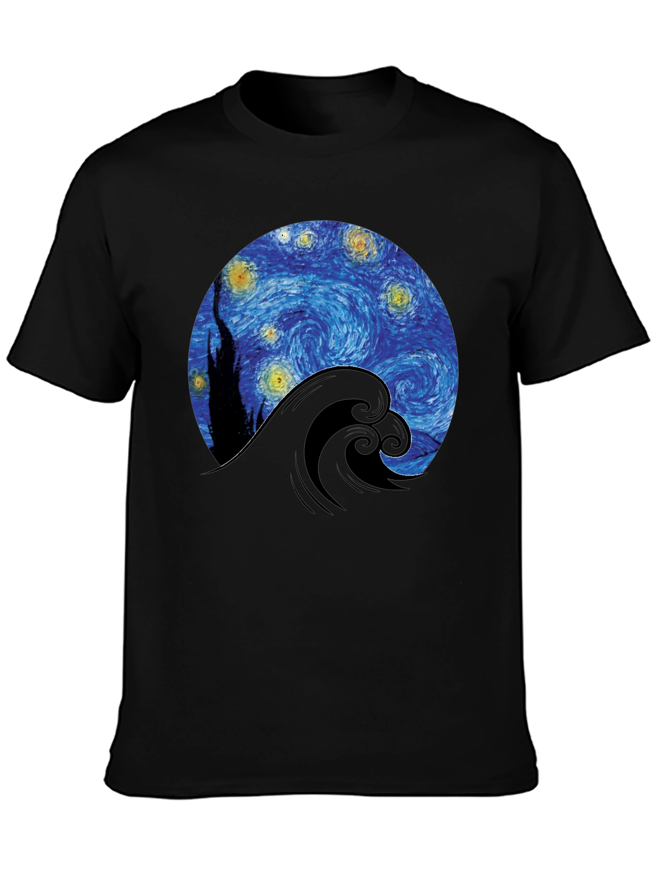Starry Night Wave Graphic Tee - Artistic Black T-Shirt