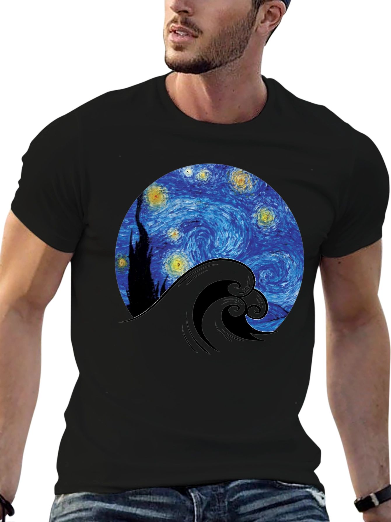 Starry Night Wave Graphic Tee - Artistic Black T-Shirt
