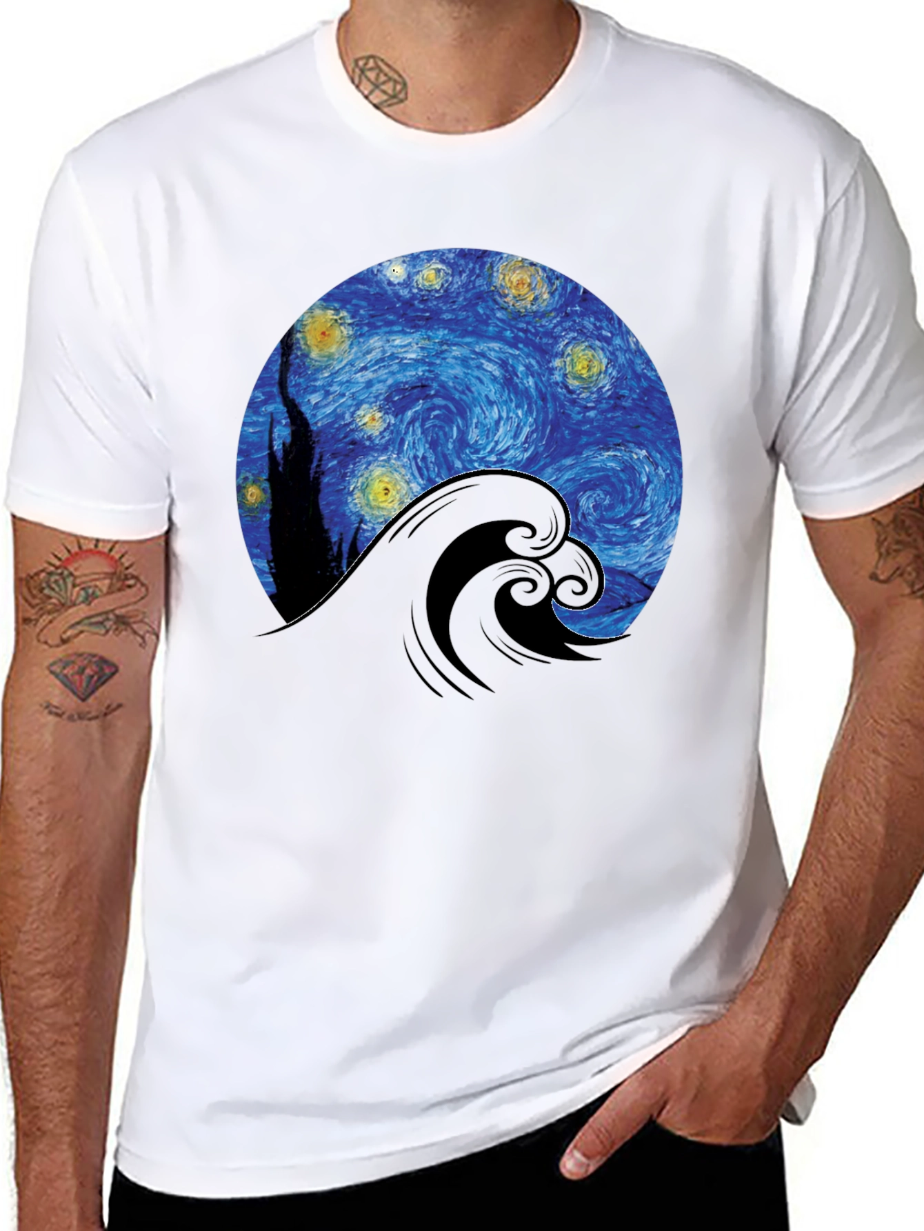 Starry Night Wave Graphic Tee - Artistic Black T-Shirt