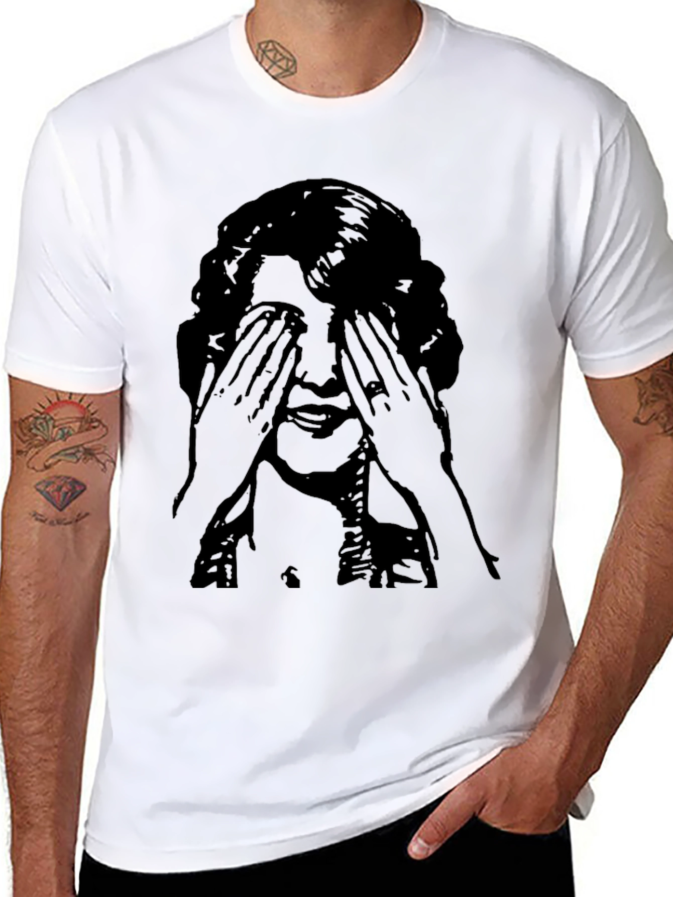 Black Graphic Tee - Woman Covering Eyes Print