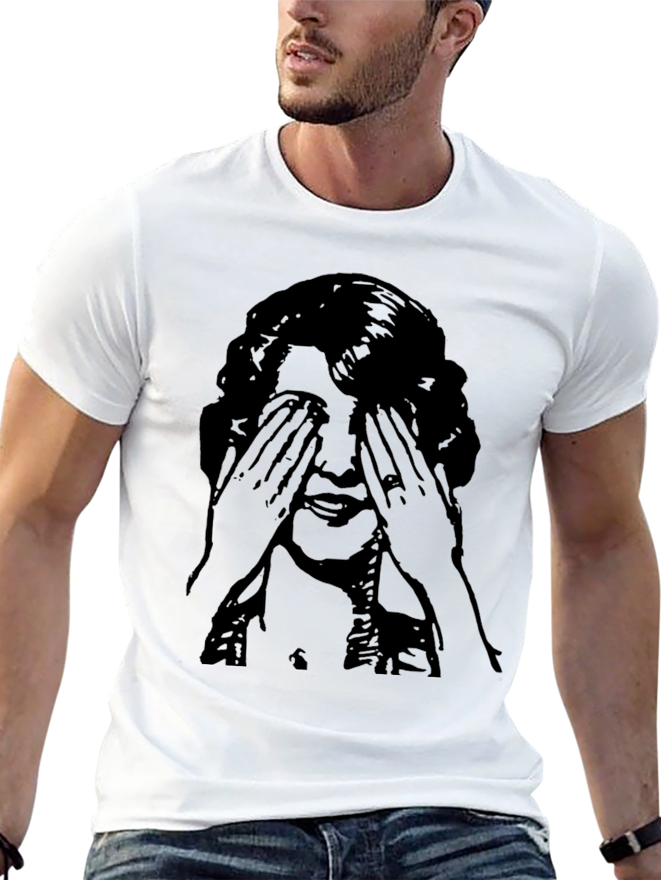 Black Graphic Tee - Woman Covering Eyes Print