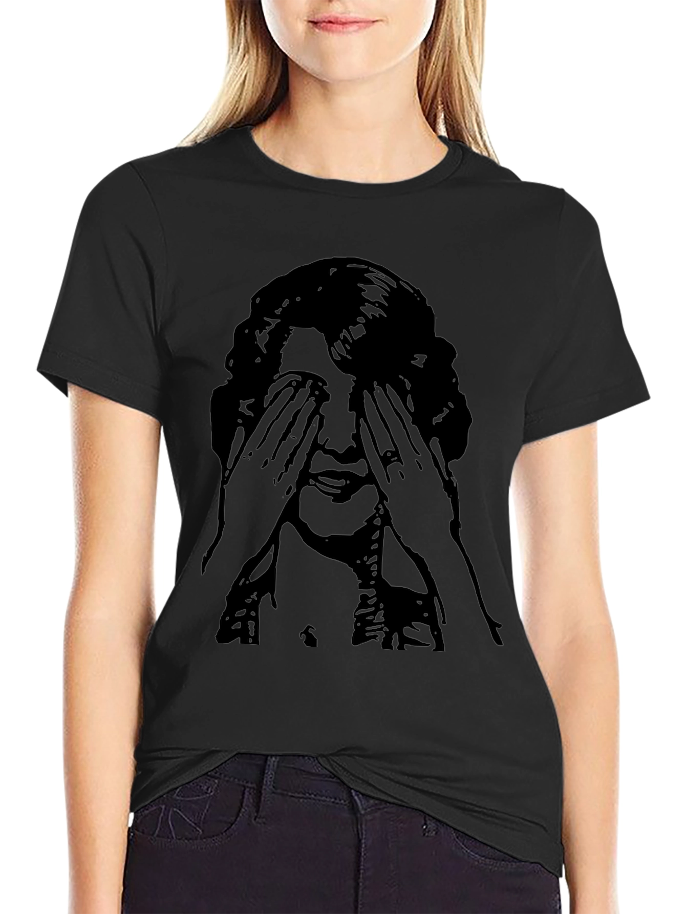 Black Graphic Tee - Woman Covering Eyes Print