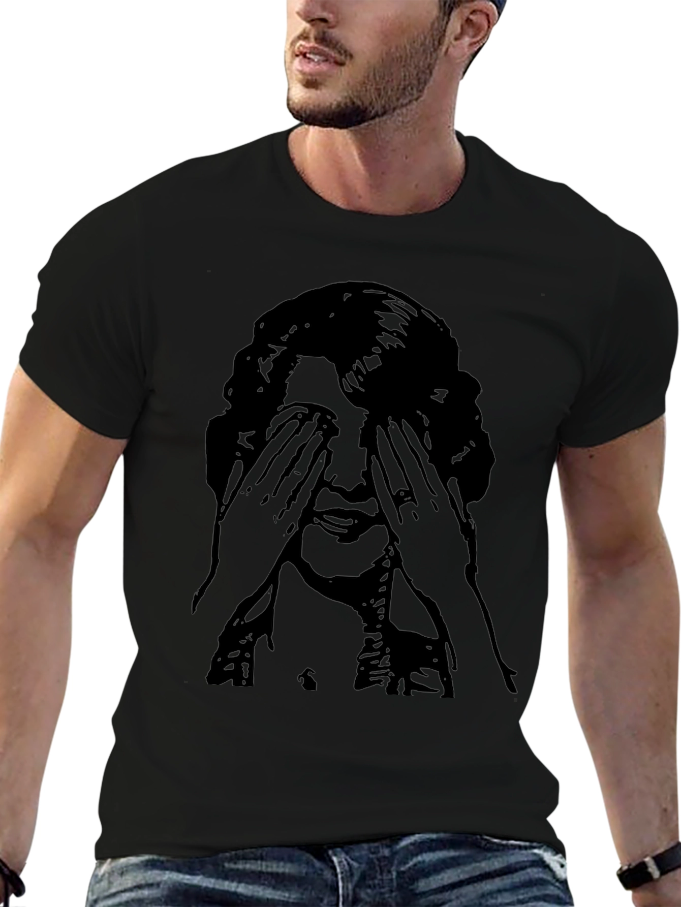 Black Graphic Tee - Woman Covering Eyes Print