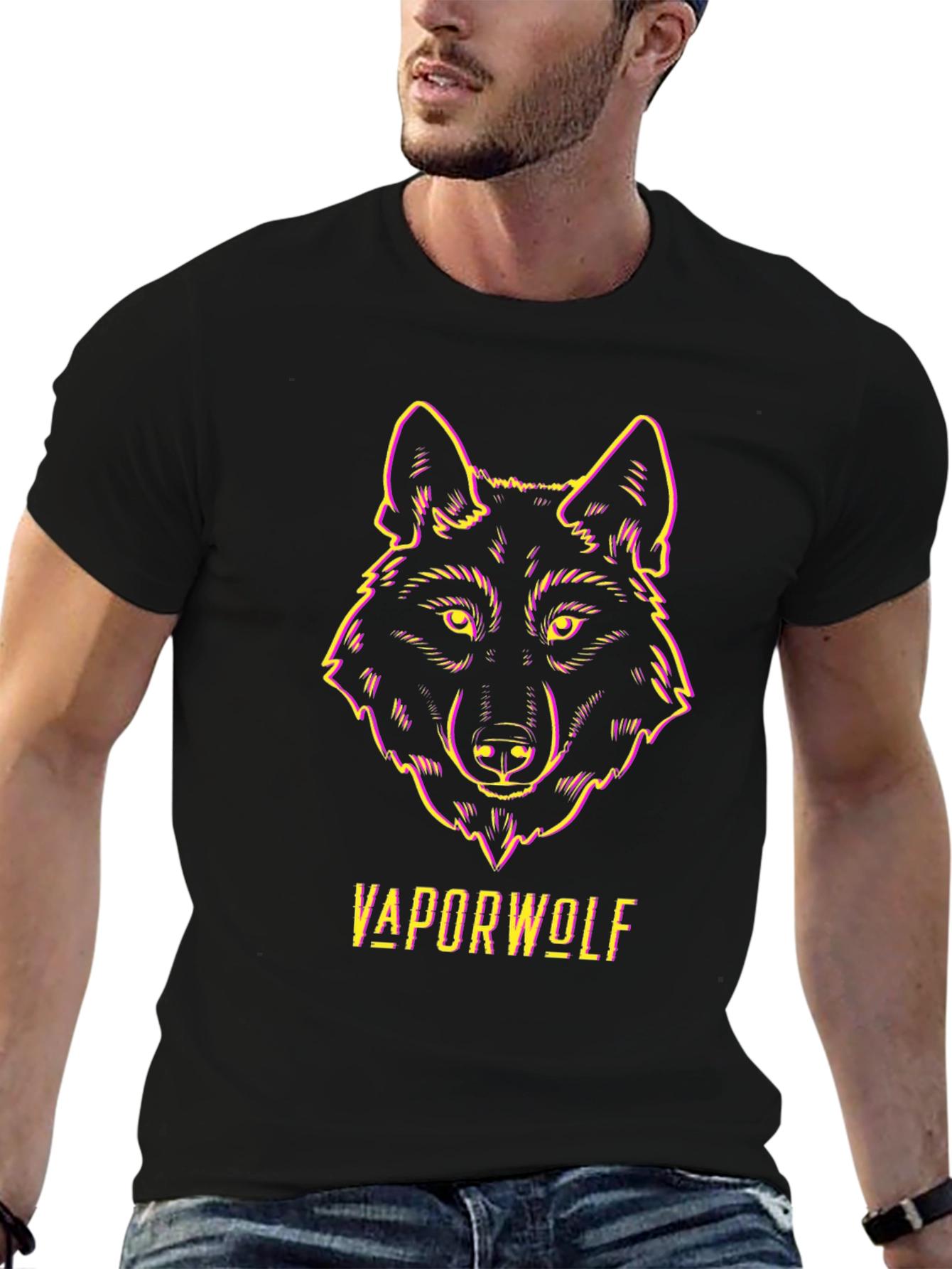 Vaporwave Wolf Graphic Tee - Black Unisex T-Shirt
