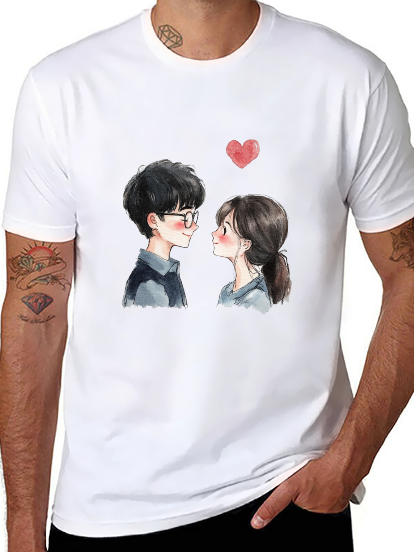 Cute Couple Graphic Tee - Black Casual T-Shirt