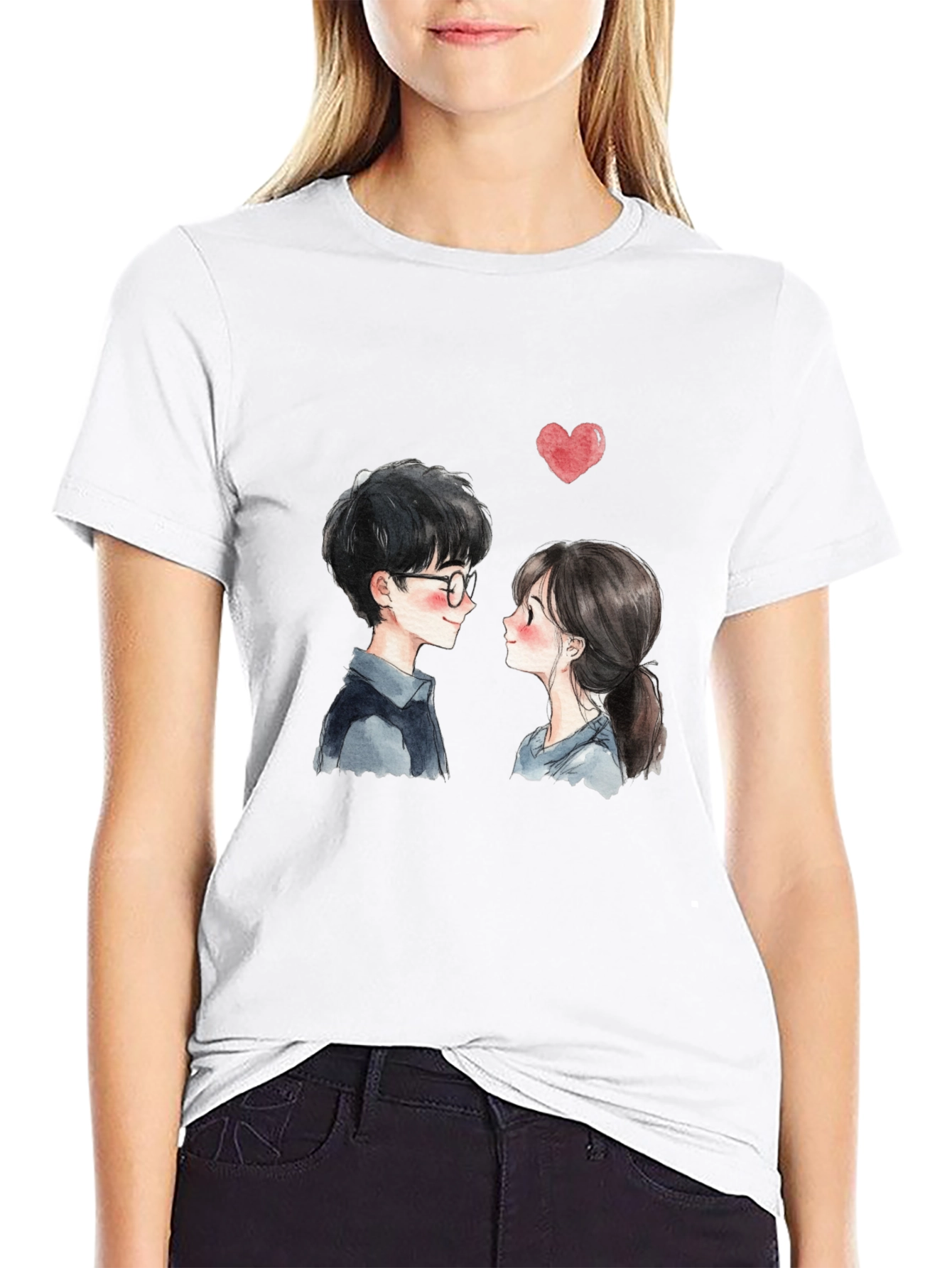Cute Couple Graphic Tee - Black Casual T-Shirt