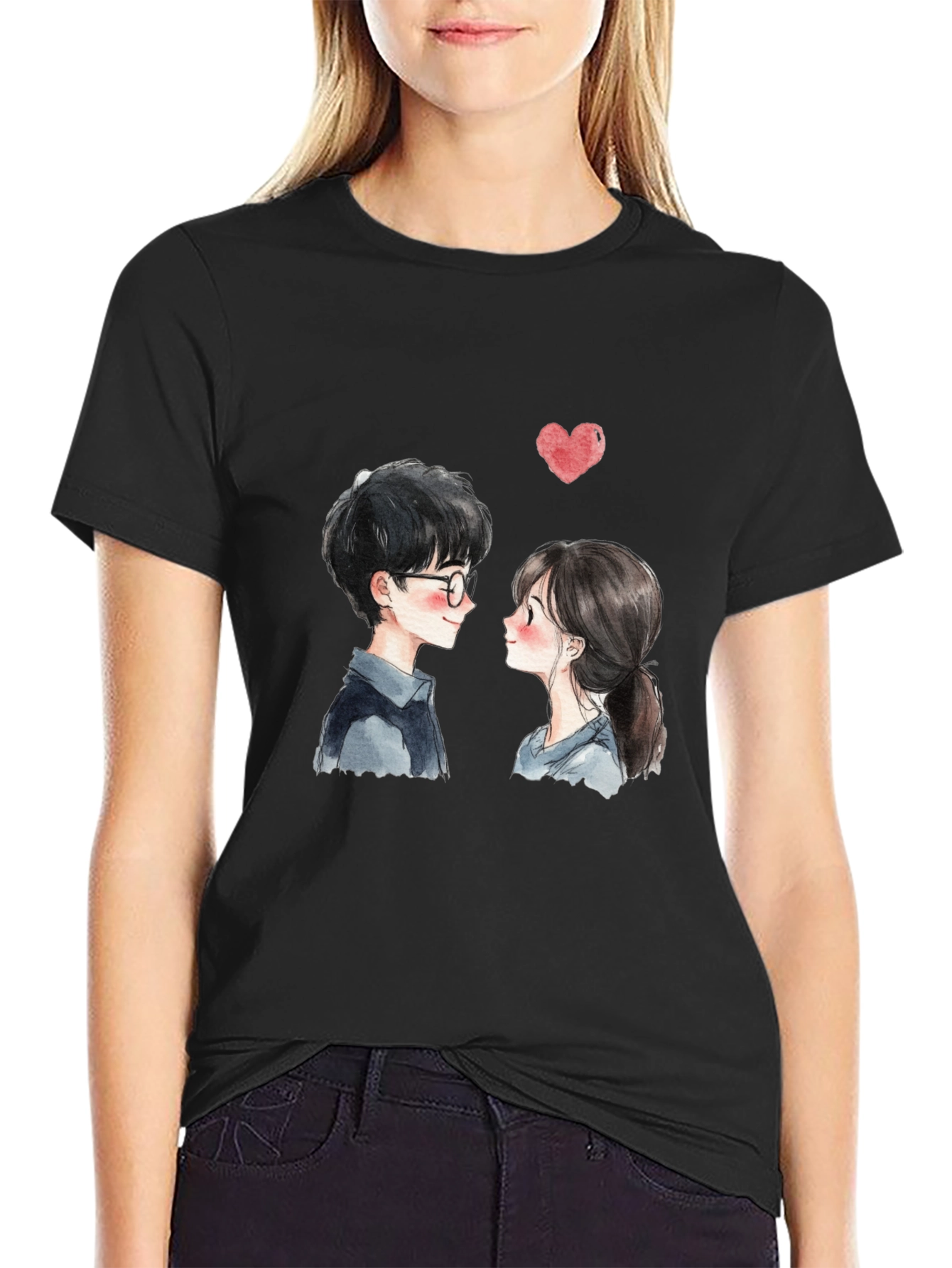 Cute Couple Graphic Tee - Black Casual T-Shirt