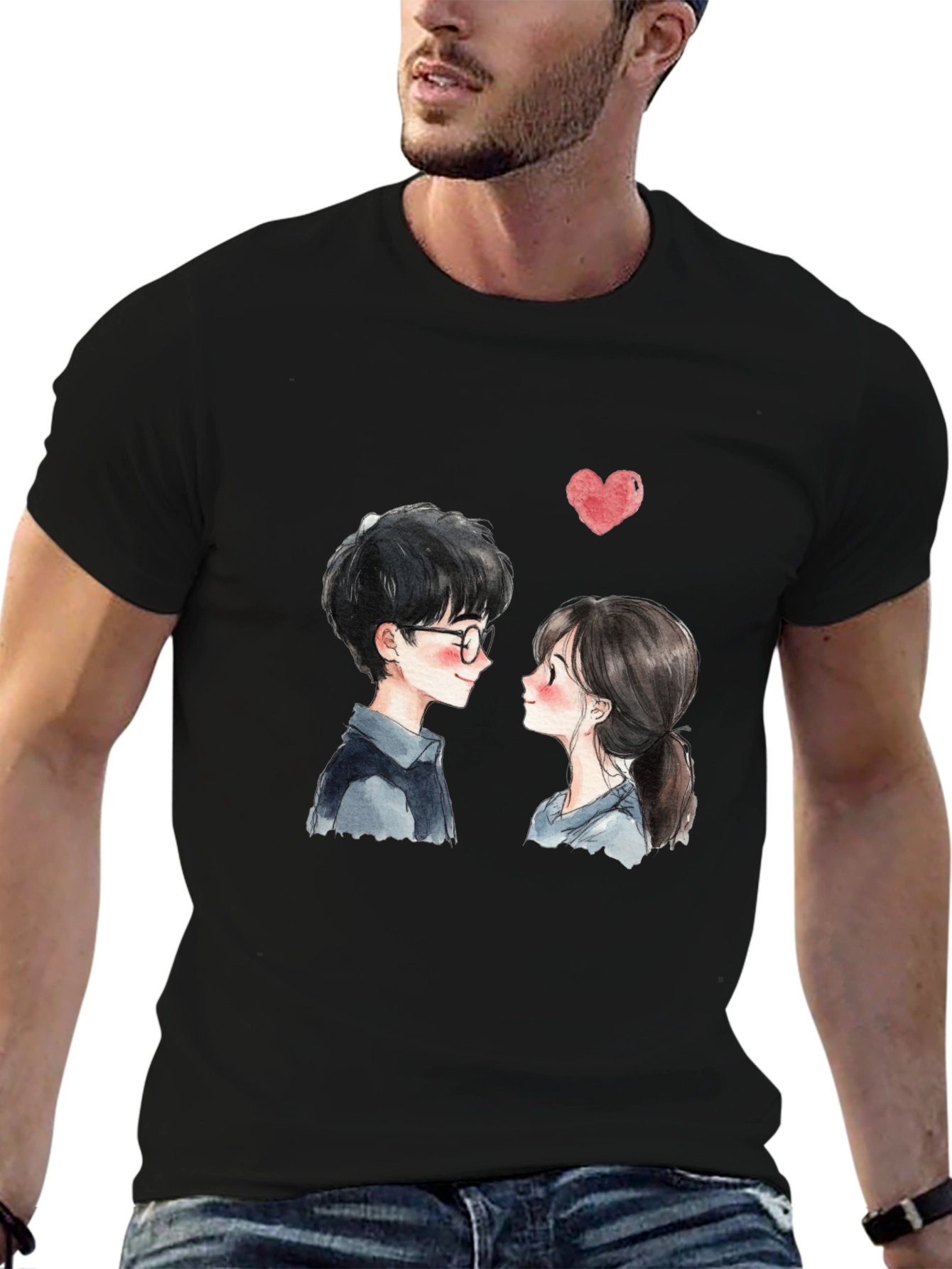 Cute Couple Graphic Tee - Black Casual T-Shirt