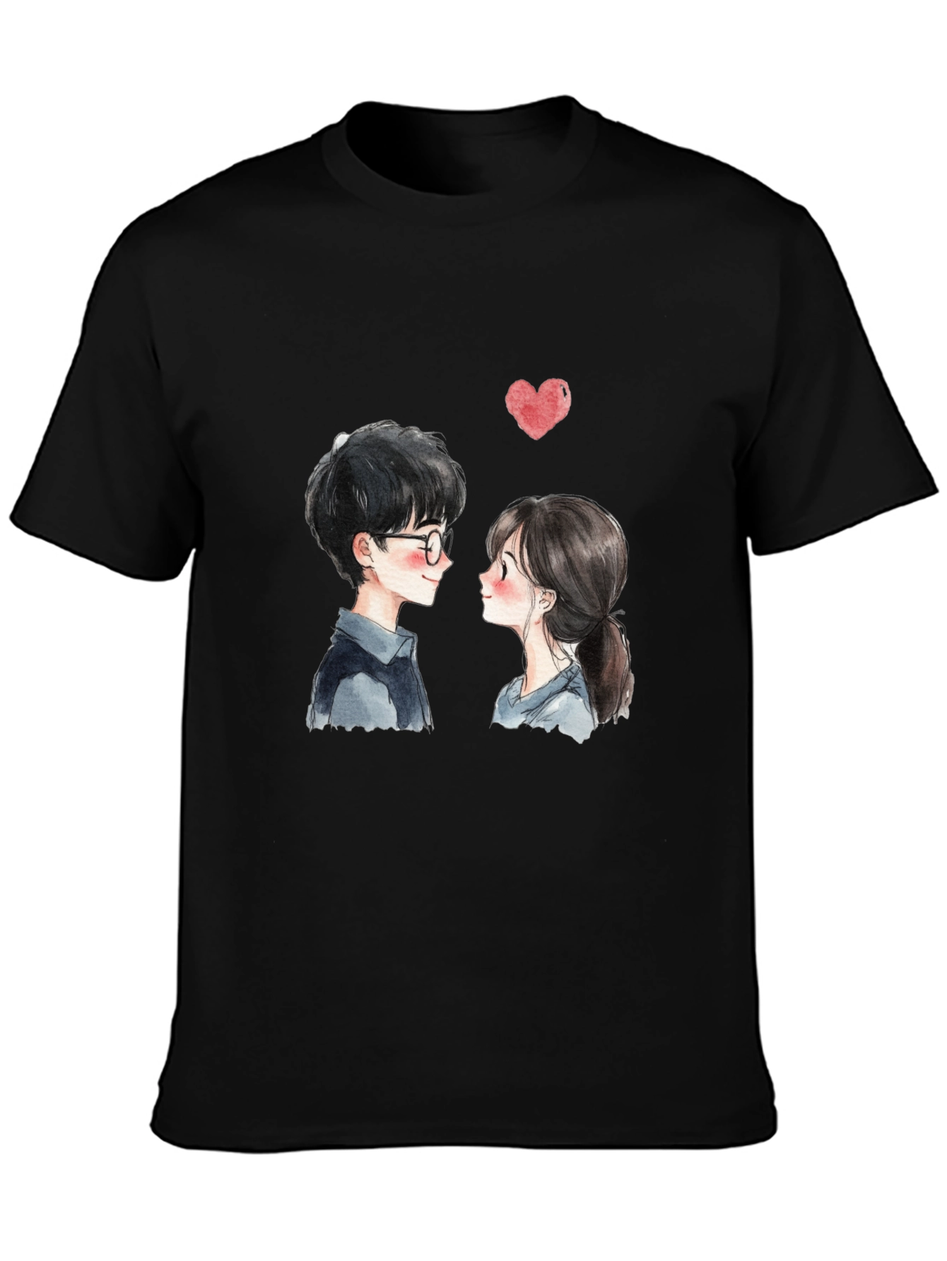 Cute Couple Graphic Tee - Black Casual T-Shirt