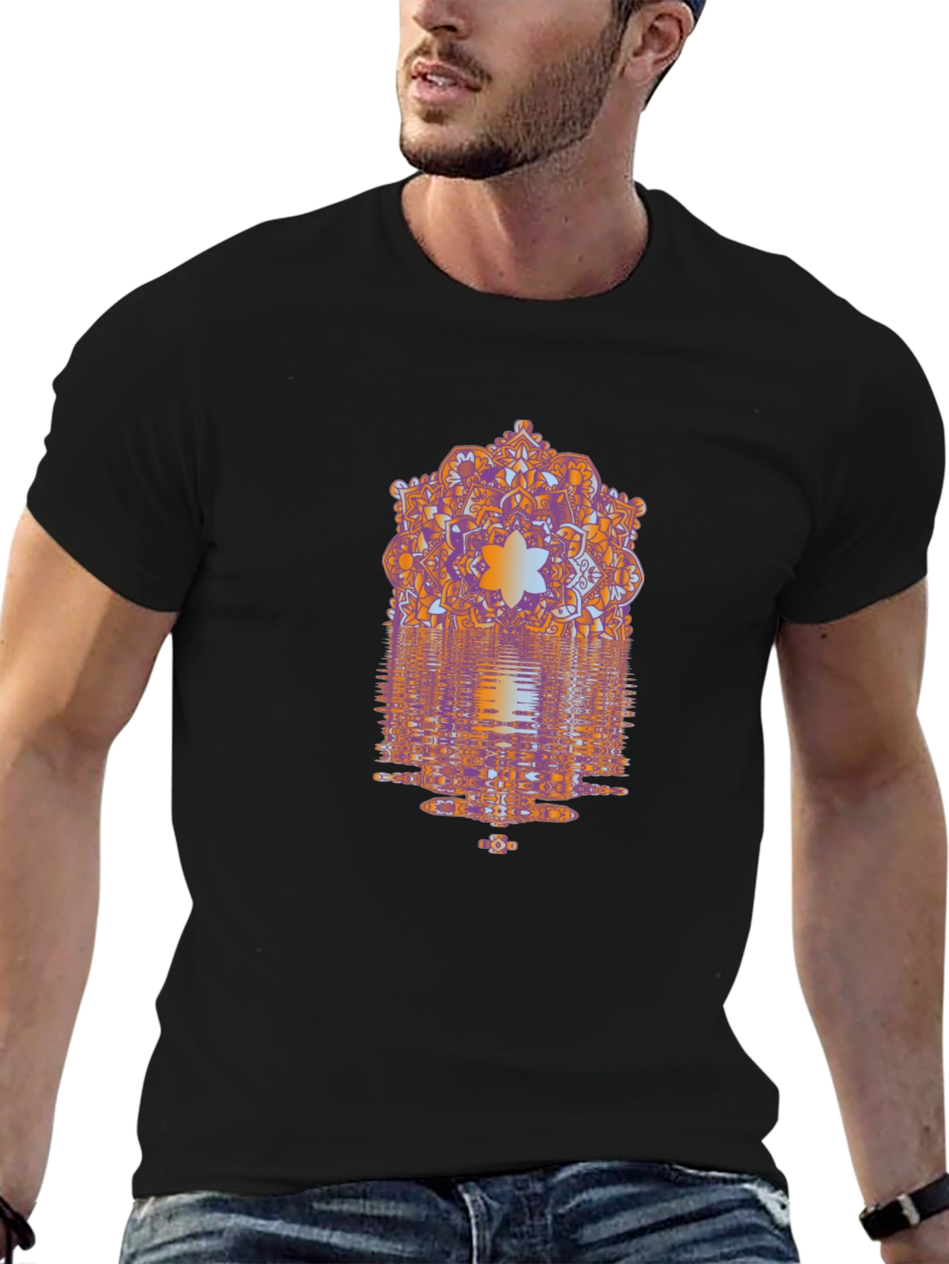 Abstract Mandala Graphic Print Mens Black T-Shirt
