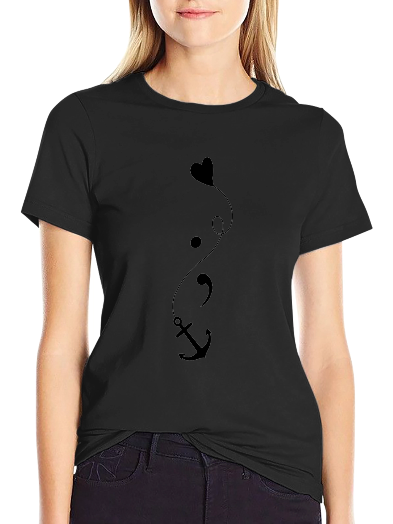 Heart Semicolon Anchor Black Graphic Tee