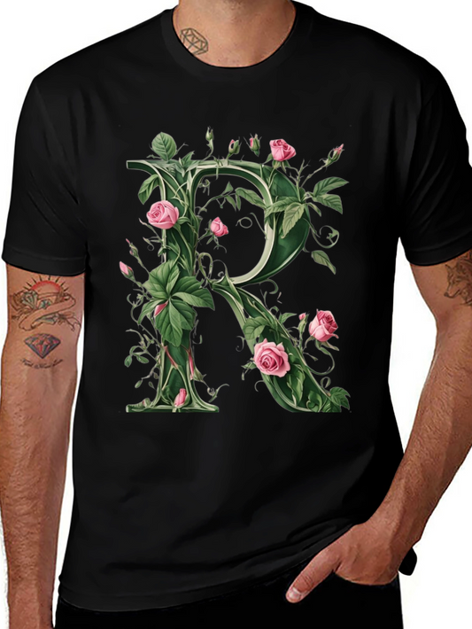 Floral Letter R Graphic T-Shirt - Unique Botanical Design