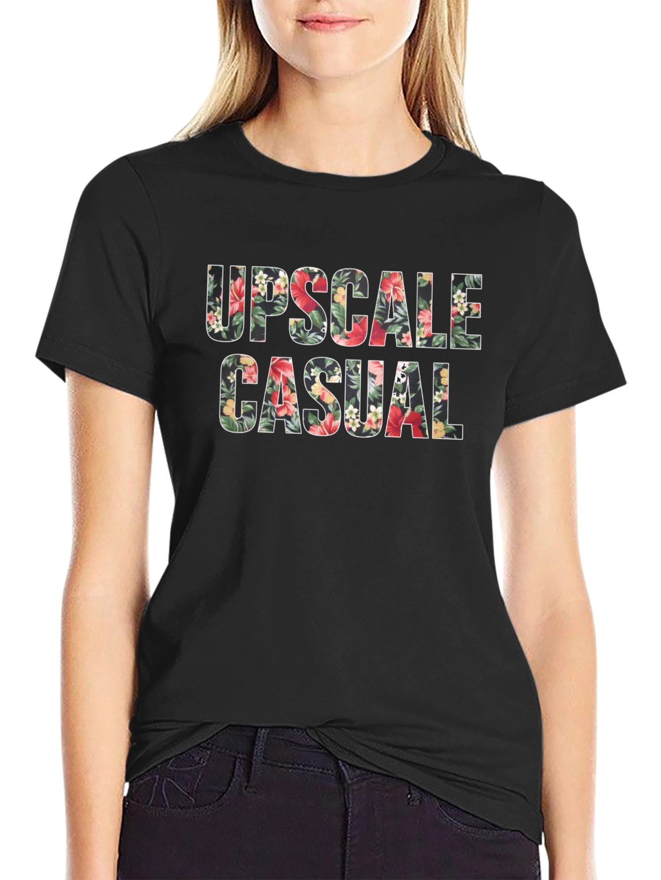 Floral Upscale Casual Black T-Shirt