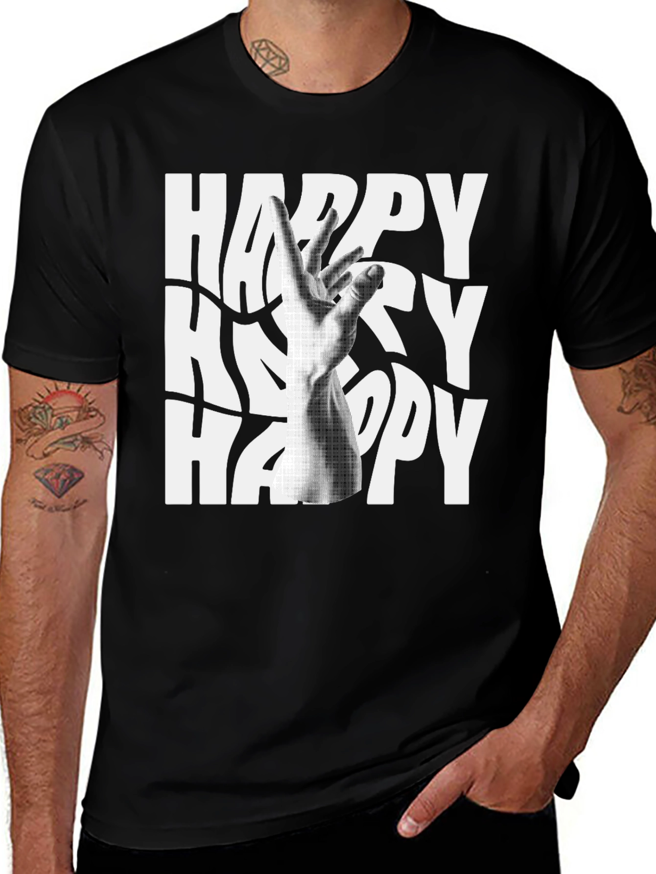 Happy Graphic Tee - Black Cotton Blend T-Shirt