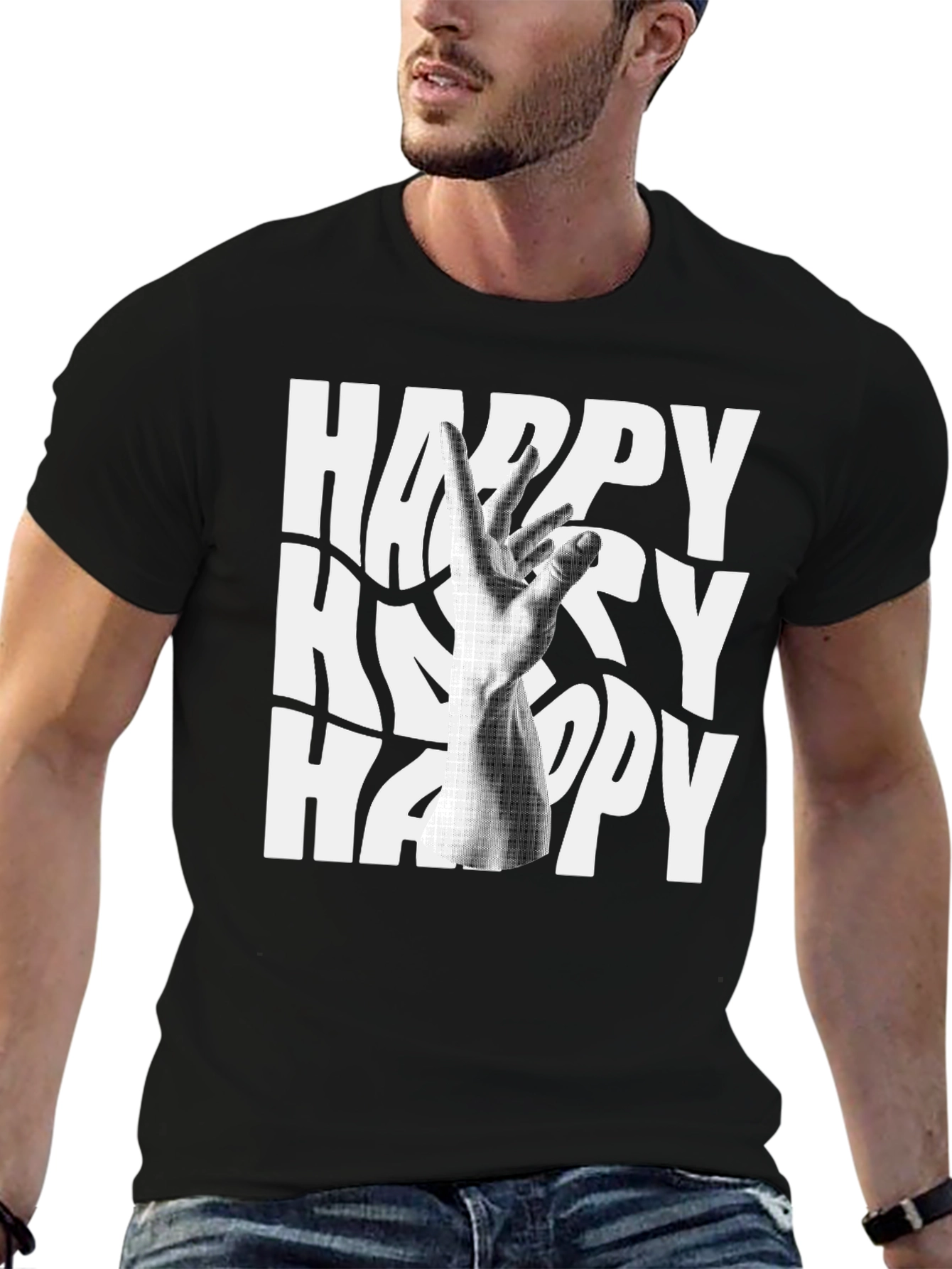Happy Graphic Tee - Black Cotton Blend T-Shirt