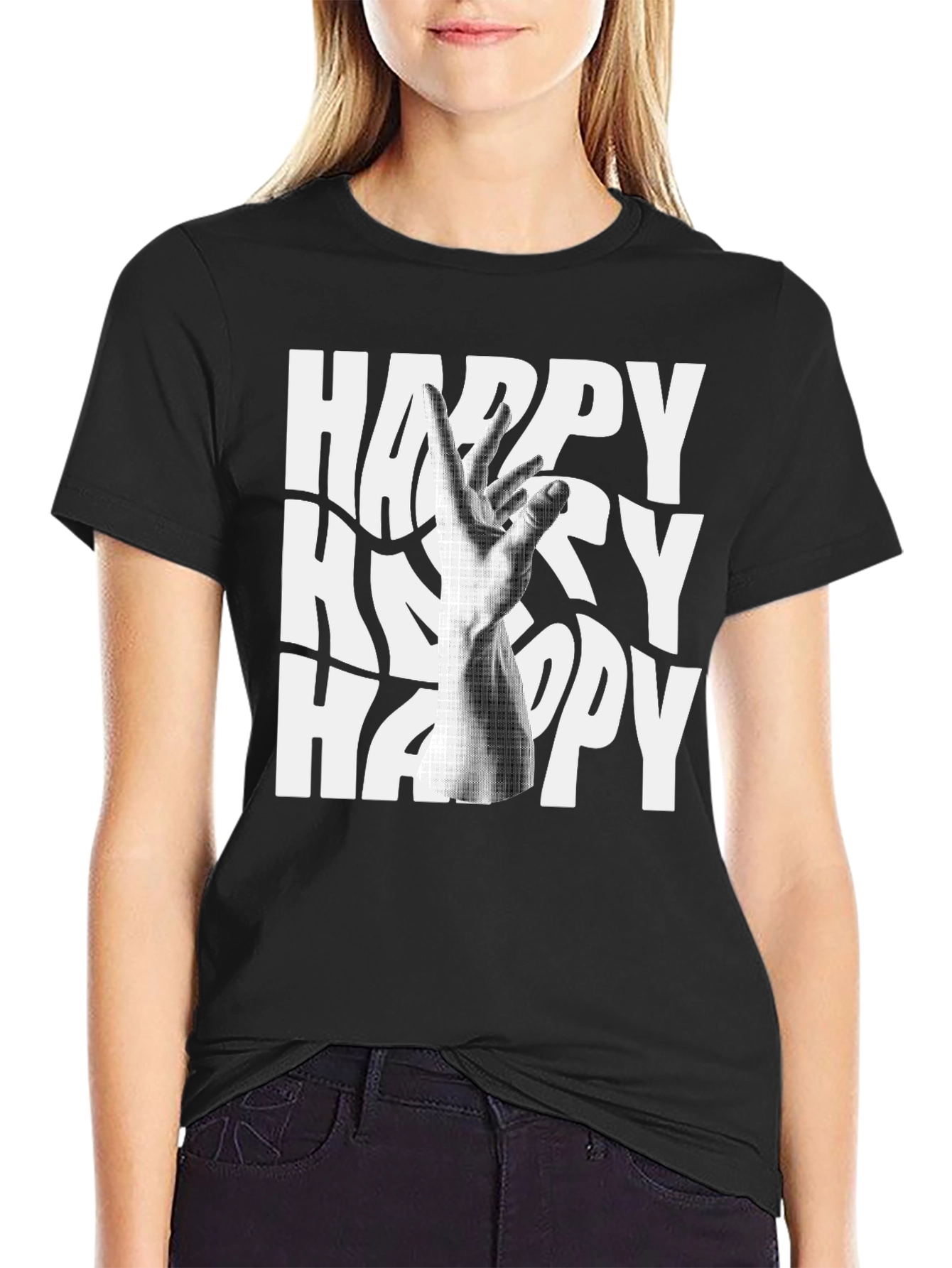 Happy Graphic Tee - Black Cotton Blend T-Shirt