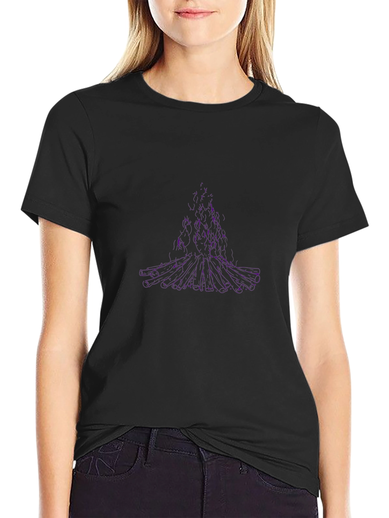 Abstract Purple Tree Graphic Black T-Shirt