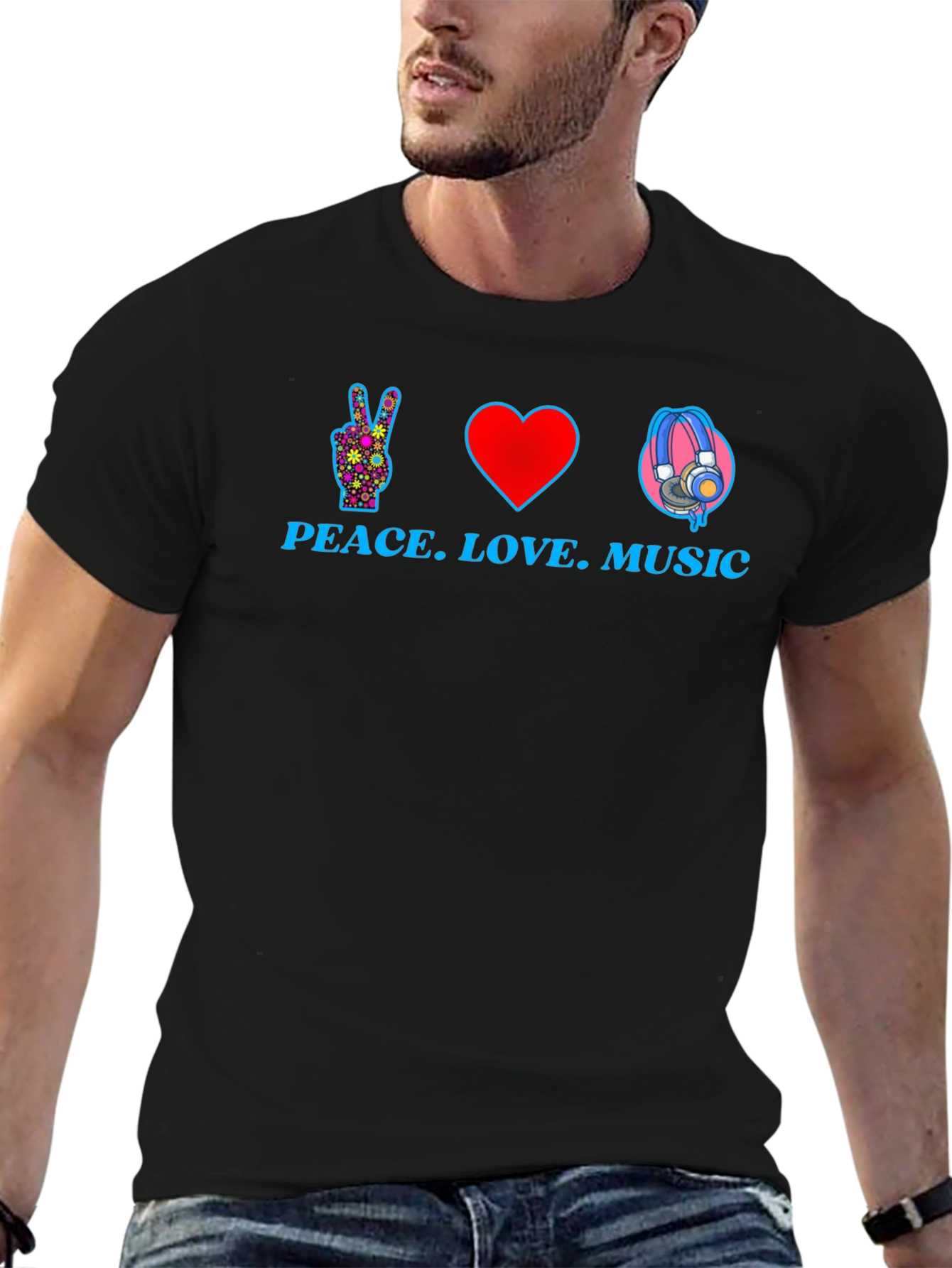 Peace Love Music Graphic T-Shirt - Black