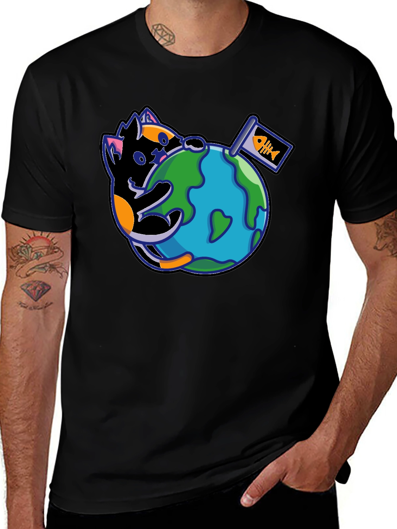 Cat Around the World Graphic T-Shirt - Black