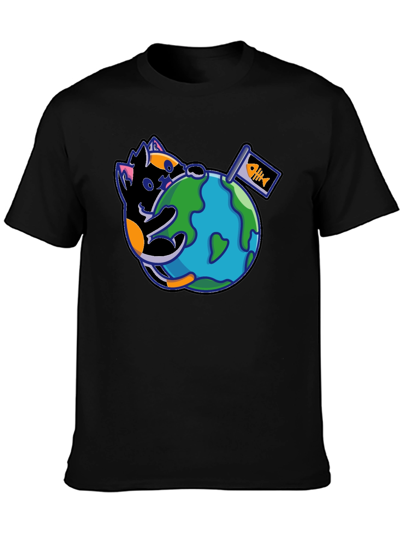 Cat Around the World Graphic T-Shirt - Black