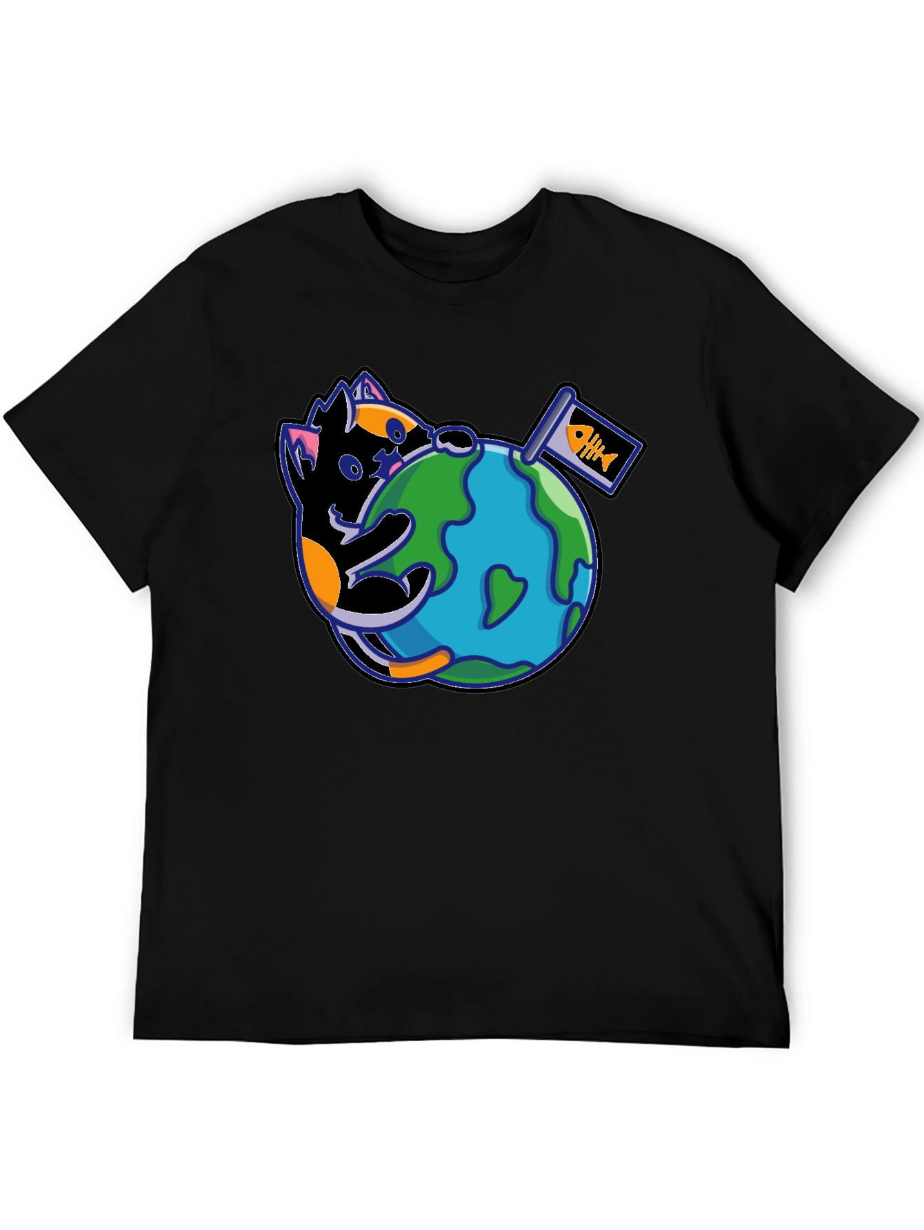 Cat Around the World Graphic T-Shirt - Black