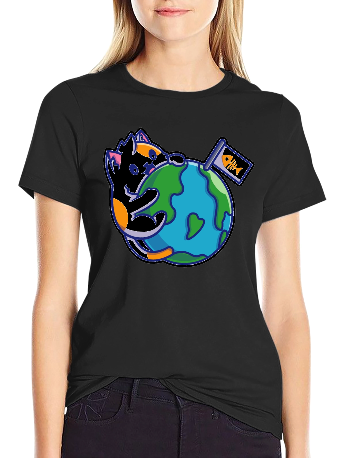 Cat Around the World Graphic T-Shirt - Black
