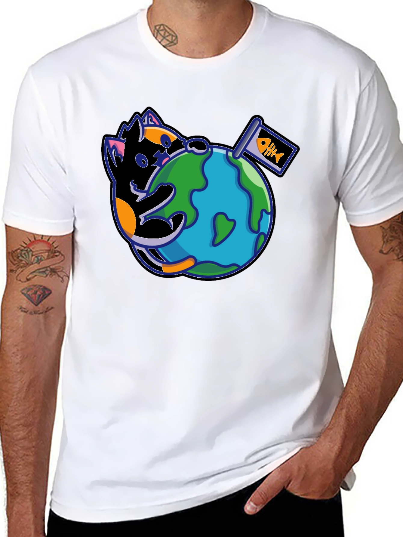 Cat Around the World Graphic T-Shirt - Black